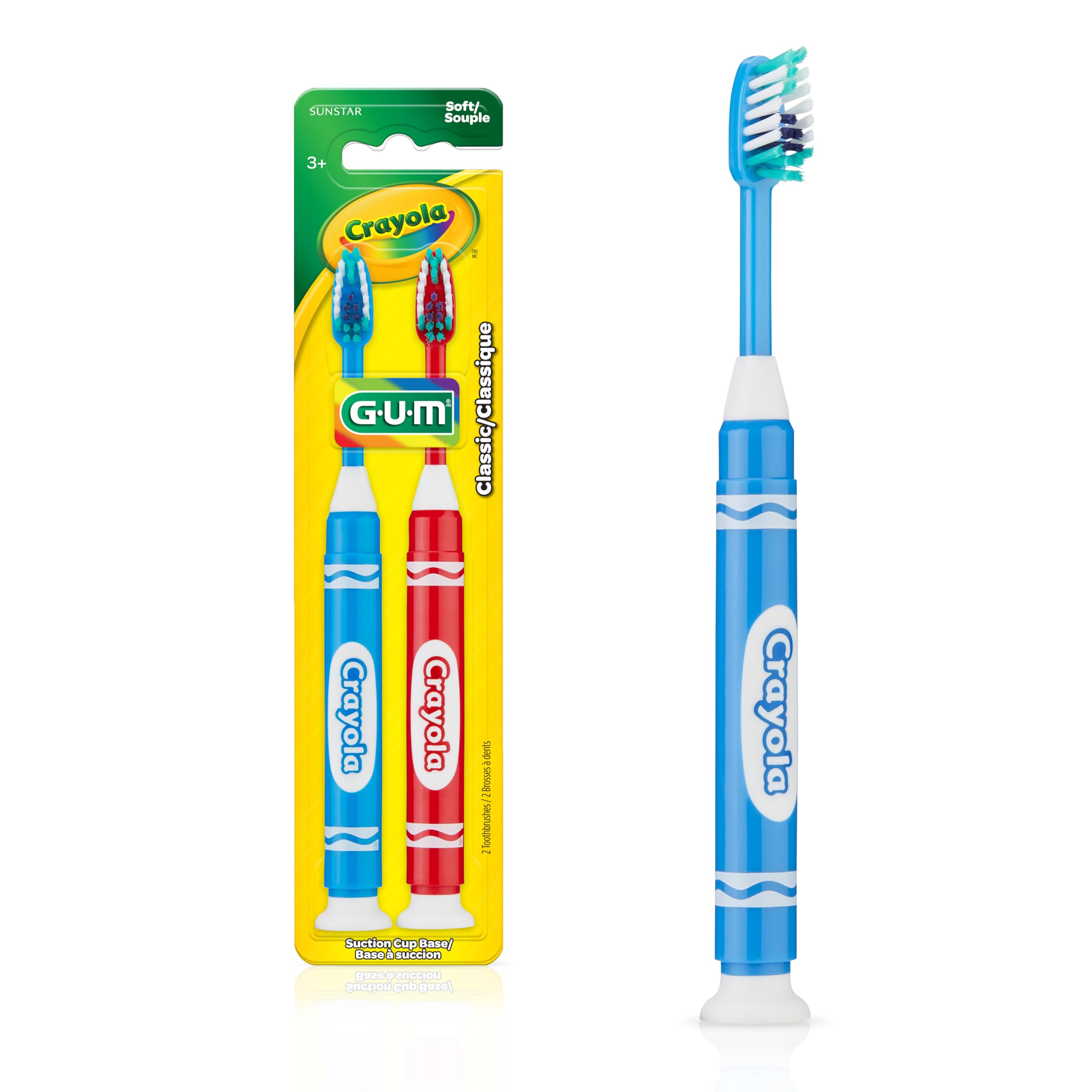 GUM Crayola Marker Kids Toothbrush, Soft Bristle, Ages 3+, 2 Count | Narrow tapered head, Angled bristles for hard-to-reach teeth, Easy-grip handle, Suction cup base, 6 Crayola marker colors