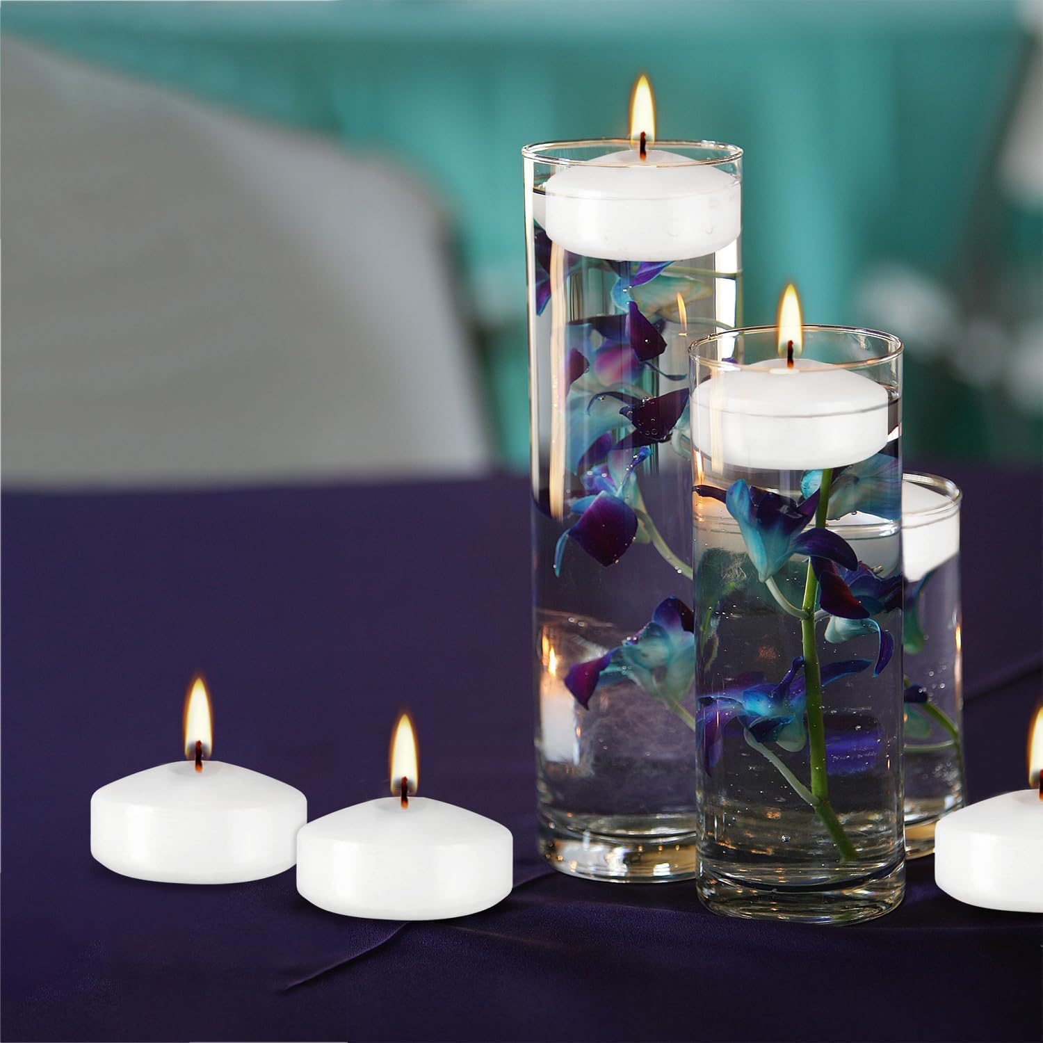 50個のフローティングキャンドル。煙や無臭。5~6時間連続燃焼。ホワイト、2インチのフローティングキャンドル。バレンタインデー、結婚