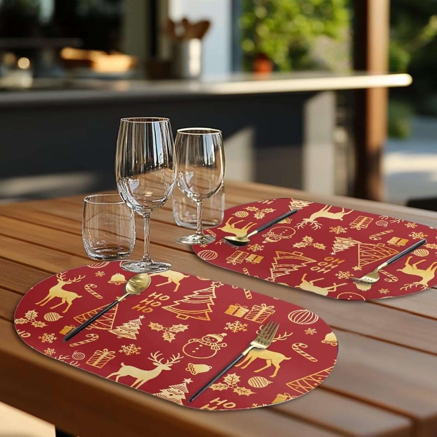 Faux Leather Placemats Red Dining Table Placemats Set of 4 Christmas Placemat Oval Table Mats Washable 12 x 18 Inch Wipeable Pu Place Mats for Kitchen, Dining Room