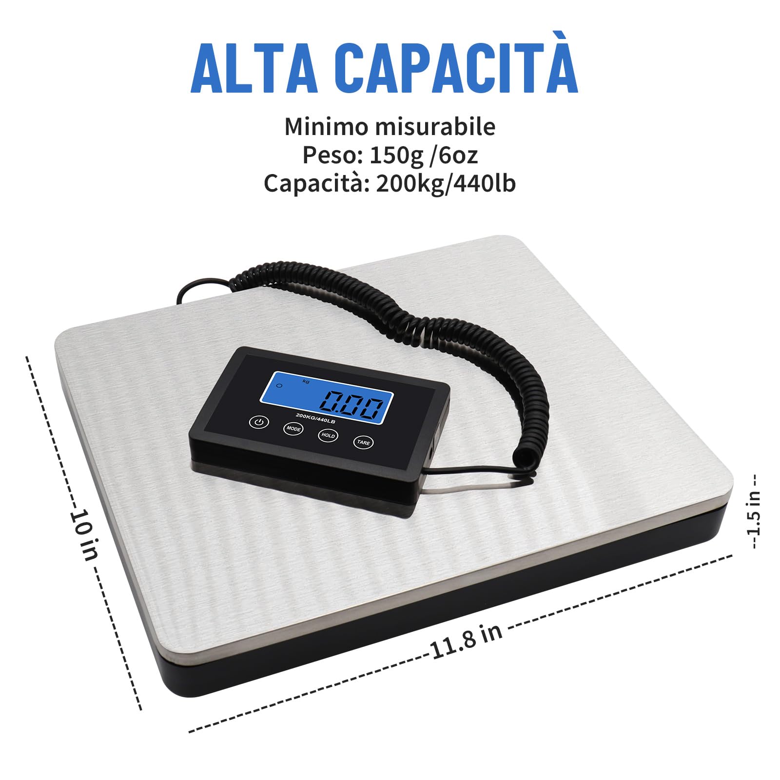 UNIWEIGH Bilancia Professionale 200kg/10g Alta Precisione,Heavy Duty Scala Postale in Acciaio inox con Hold/Tara,Digitale Grande Scala Pacco per Pacchi/Bagagli/Ufficio Postale/Animale Domestico