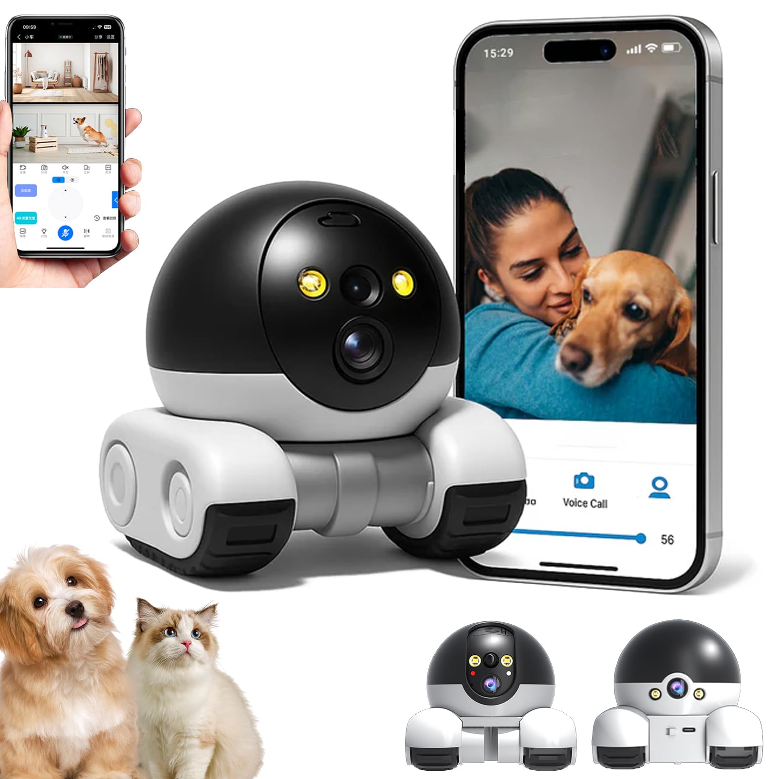 Cámara Blinky Bot, robot Blinky Bot, cámara robot sobre ruedas, cámara para mascotas, lentes duales 1080P, ángulos de disparo duales, control de aplicación de visión nocturna HD de 2 vías, cámara de