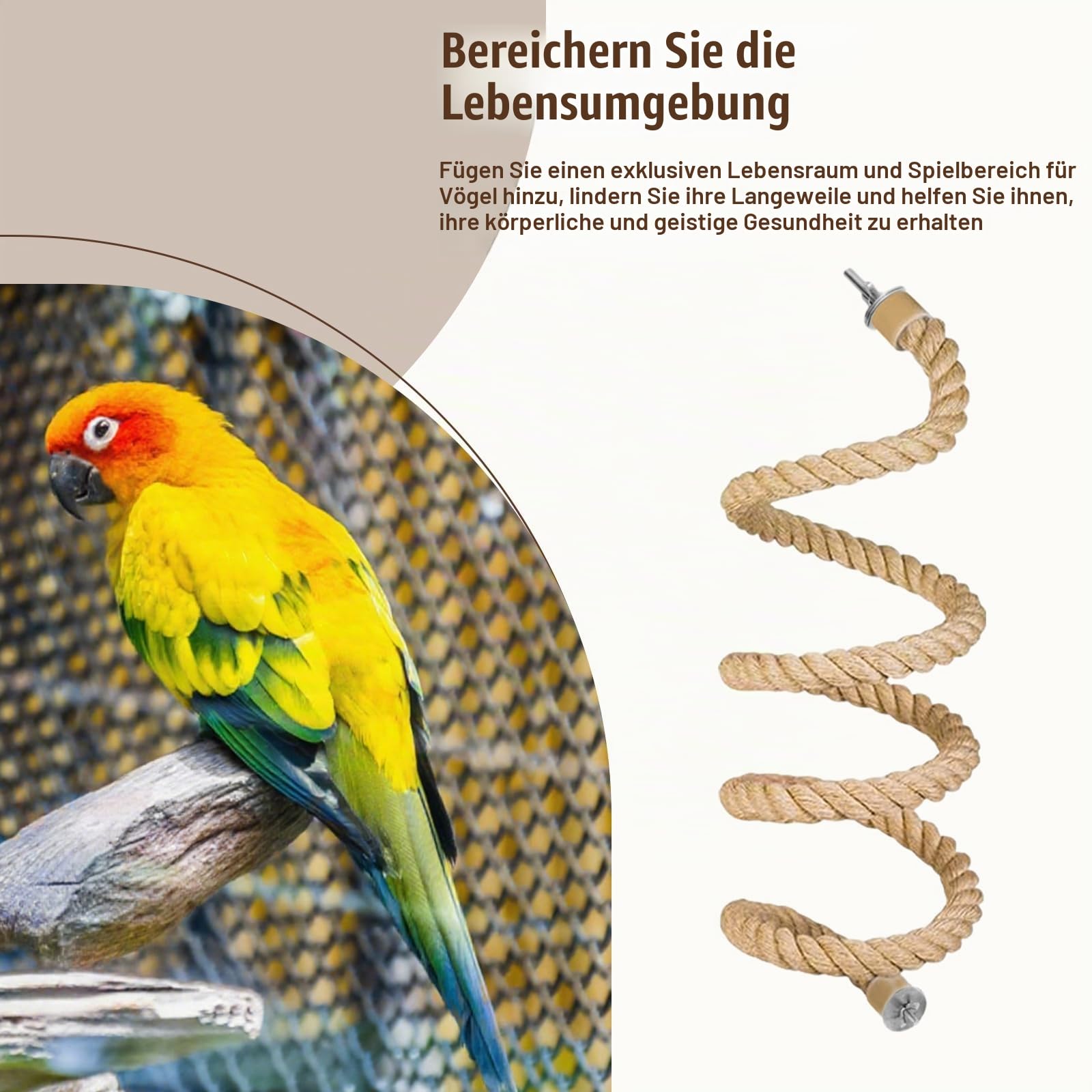 Seil-Sitzstange für Vögel,Vogelkäfig-Kletterseil-Spielzeugzubehör,biegbar,kletternd,biegbares natürliches Jute-Seil mit Kiefernholz und Edelstahlbefestigung,für Sittiche,Wellensittiche(150cm)