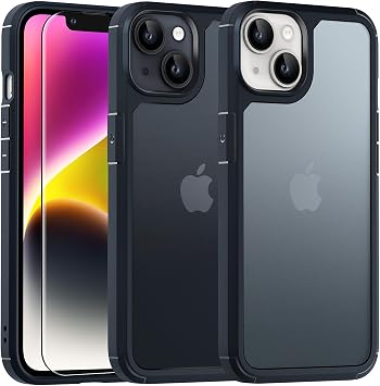 TAURI 5 in 1 iPhone 14 Case, No Yellowing, 2 Tempered Glass Screen Protectors + 2 Camera Lens Protectors Military Grade Protection Shockproof Slim Phone Case 6.1 Inch Matte Black