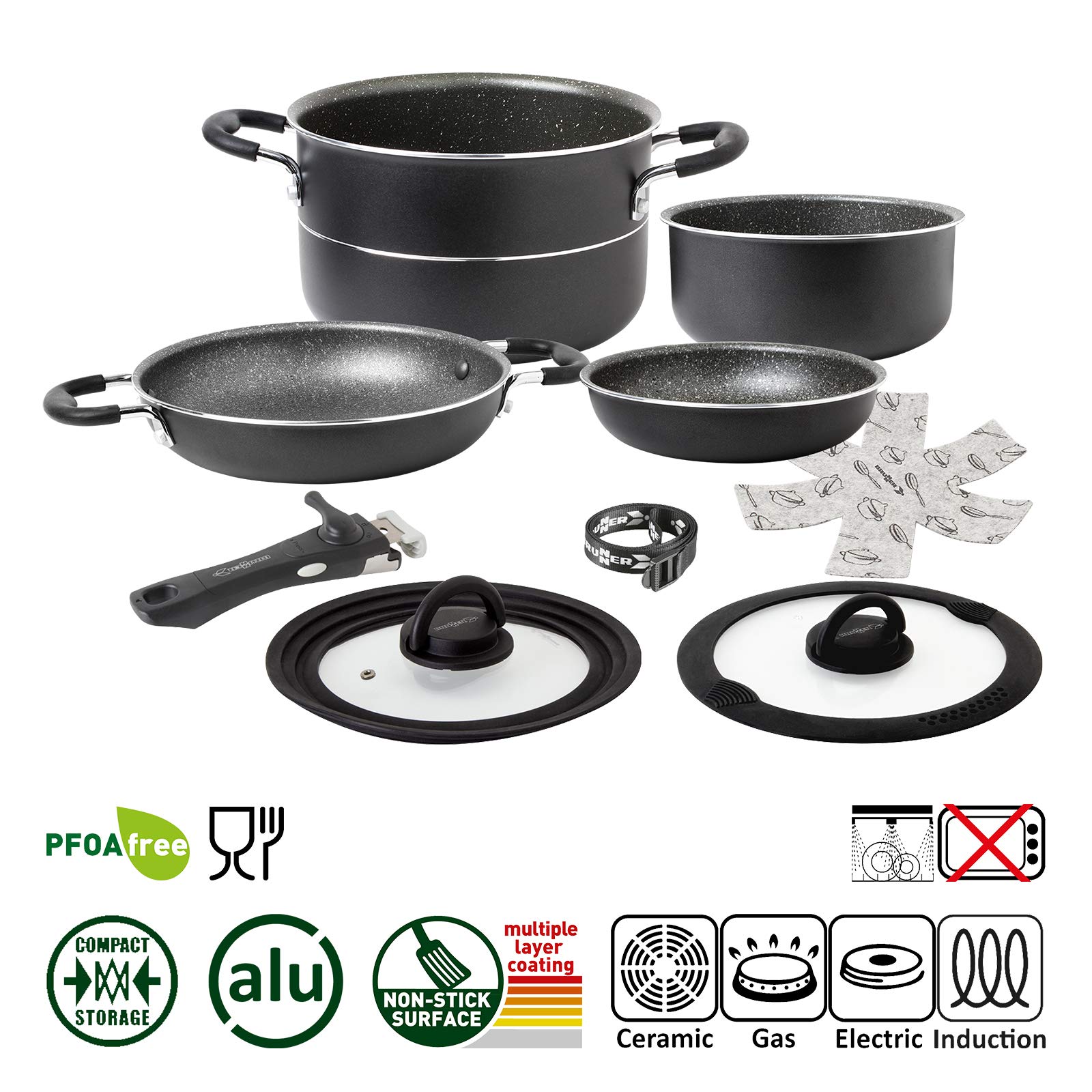 BRUNNER Camping Kochgeschirr-Set Alu (Töpfe und Pfannen) - ø 20, 22 oder 24-cm Pirate Vakublock - 4 Personen, Beschichtet, Leicht, Hochwertig, Stapelbar