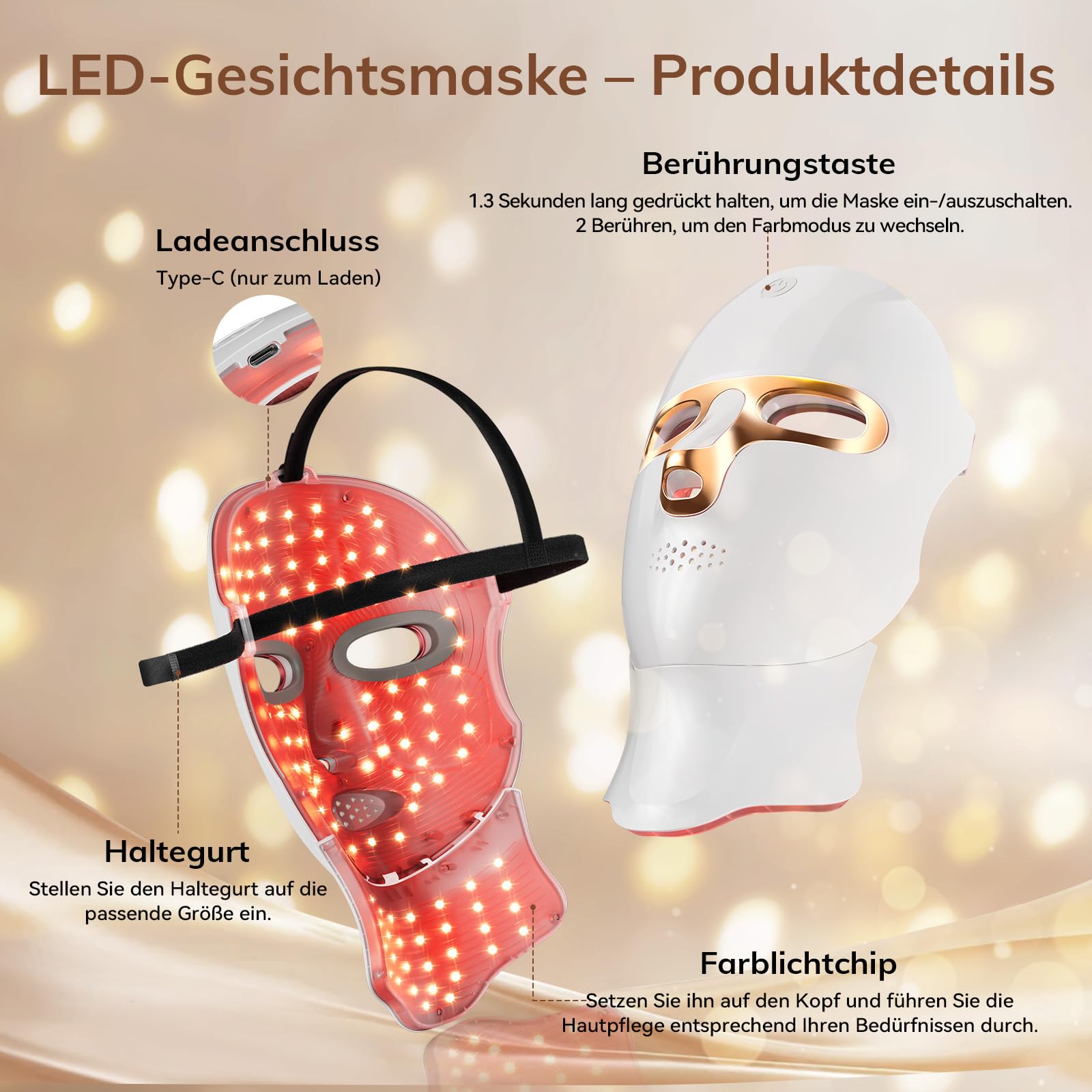 ONLUKY LED Maske Gesicht Anti-Aging Rotlicht-Therapie mit Infrarot, USB-C-Ladung, 120 LED, inkl. Halsaufsatz, Gold