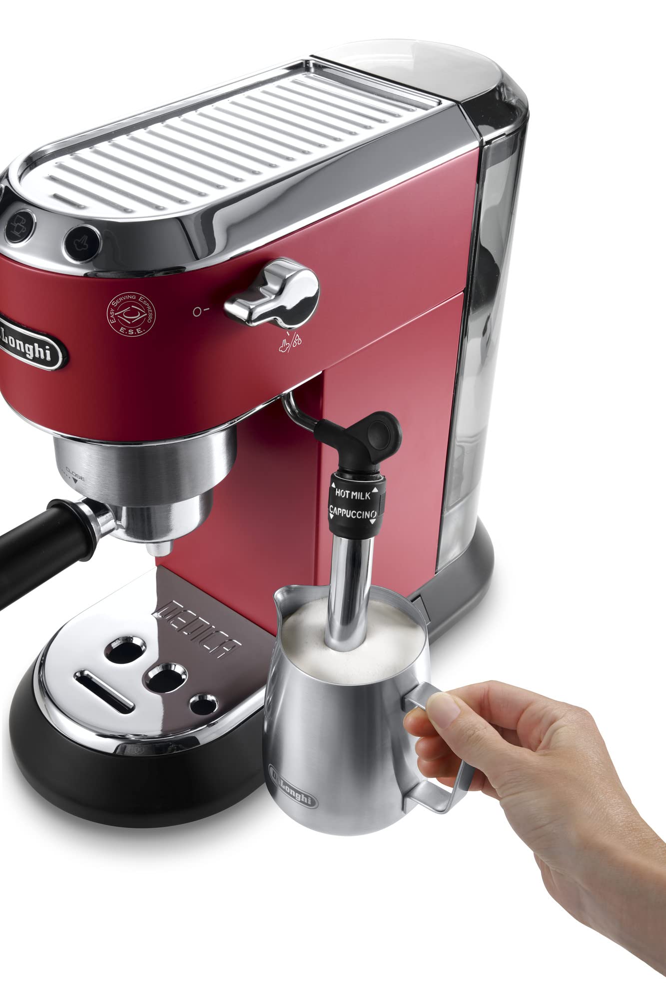 De'Longhi Dedica EC685.R Macchina da Caffè Espresso Manuale e Cappuccino + 2 bicchieri espresso, Caffè in Polvere o in Cialde E.S.E., Pompa a 15 bar, 1350 W, Rosso