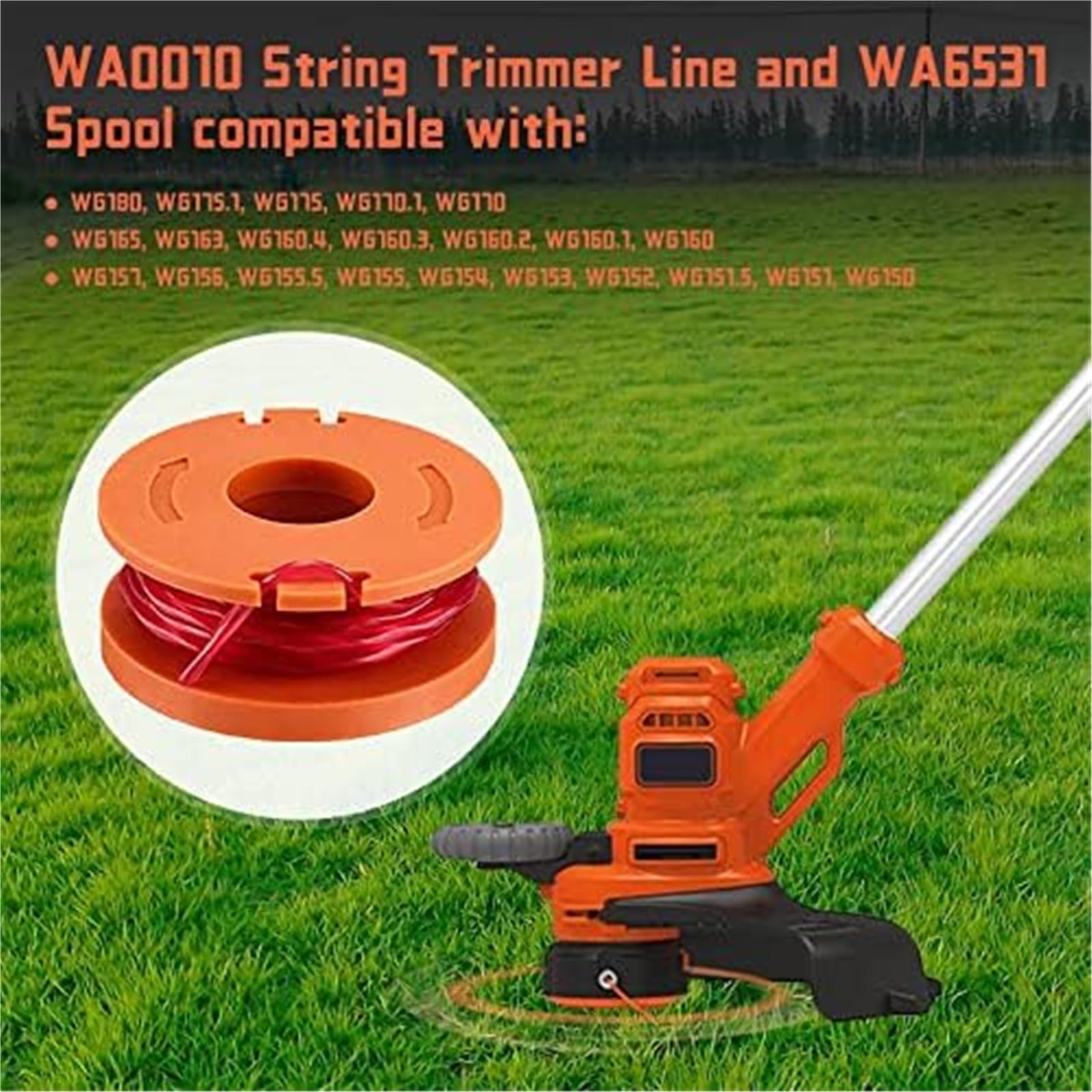 Bobina automática para cortadora de césped para Cdiytool 6 uds reemplazo de Carrete de cortacésped, Worx WG163E/WG154E/WG157E/WG151/WG155/WG160/WG175/WA0010 Ø1.65Mm(Black 20 Spools 2)