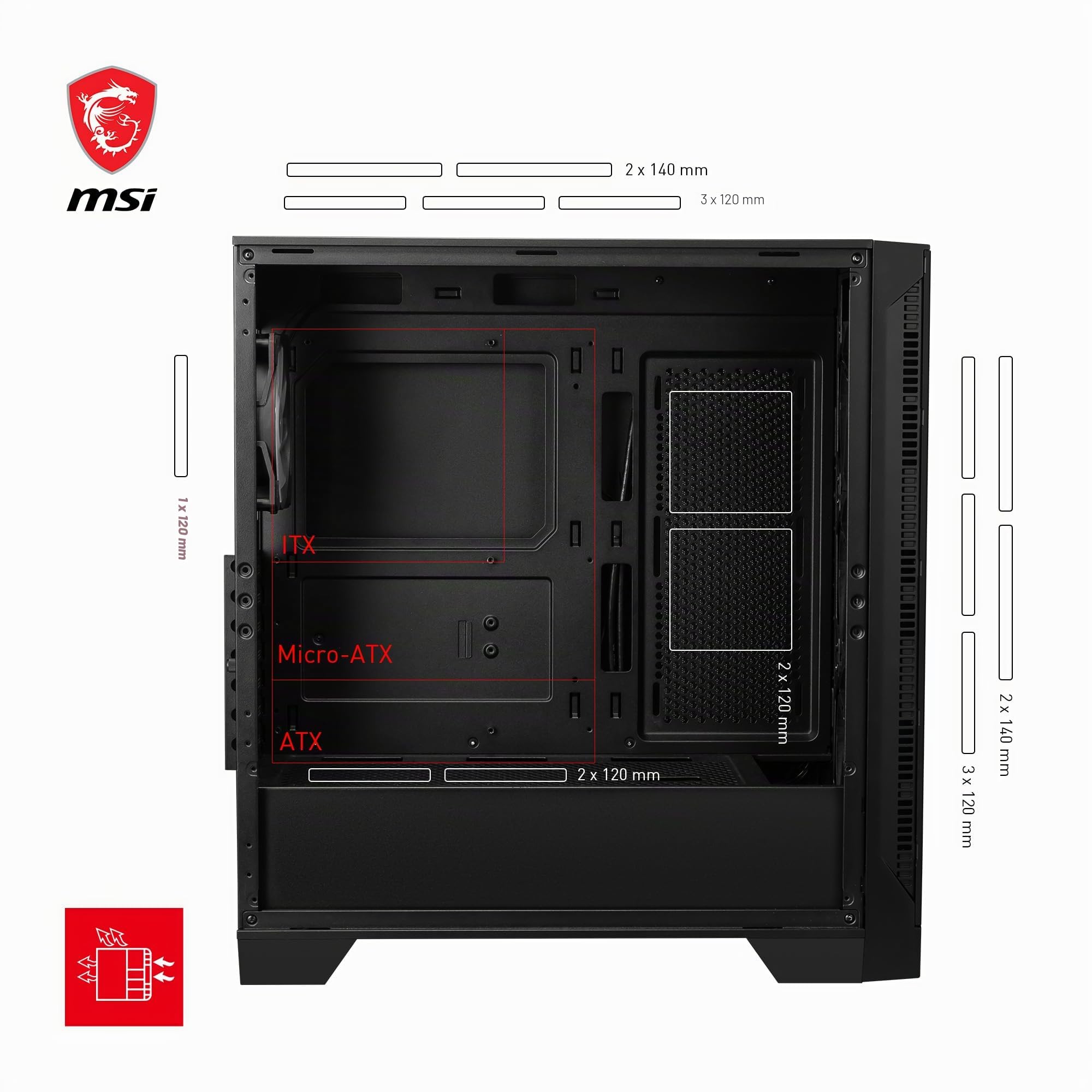 MSI MAG Forge 321R Airflow - Boîtier PC de Jeu de qualité supérieure - Panneau latéral en Verre trempé - Ventilateurs ARGB 120 mm - Support de Refroidissement Liquide jusqu'à 360 mm - Panneau Avant