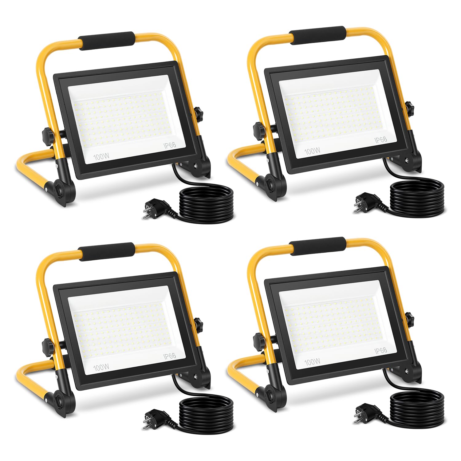Focos LED de construcción, 4 unidades, 100 W, 6500 K, luz blanca fría, 8000 lm, cable de 3 m | IP66 resistente al agua con soporte plegable, luz de trabajo portátil superbrillante para taller, construcción, garaje