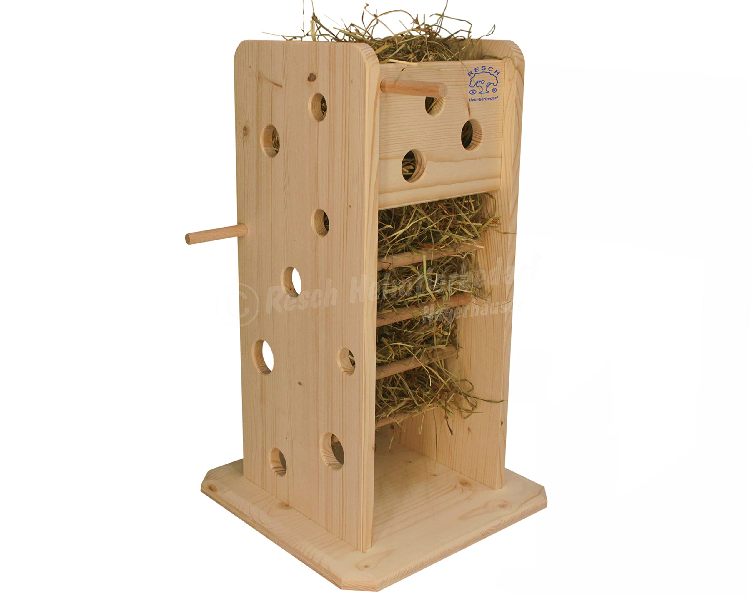 Resch Nr43 Futterturm, naturbelassenes Massivholz aus Fichte/Lochwände und Rundstäbe zum stecken oder hängen der Snacks/mit Großer Heuraufe von Zwei Seiten zugänglich /24,5 x 40 x 24,5cm (LxHxB)