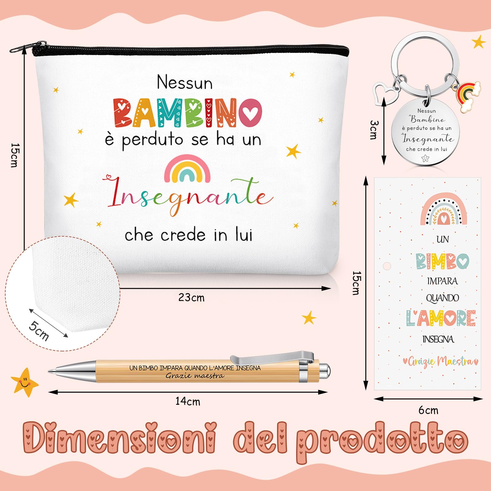 Xuniea 3 Sets Regali di Ringraziamento per Insegnante 3 Portachiavi con Cuore e Arcobaleno 3 Borse per Cosmetici in Tela 3 Penne a Sfera Carte e Corda per Maestra Asilo Professoressa Laurea Compleanno