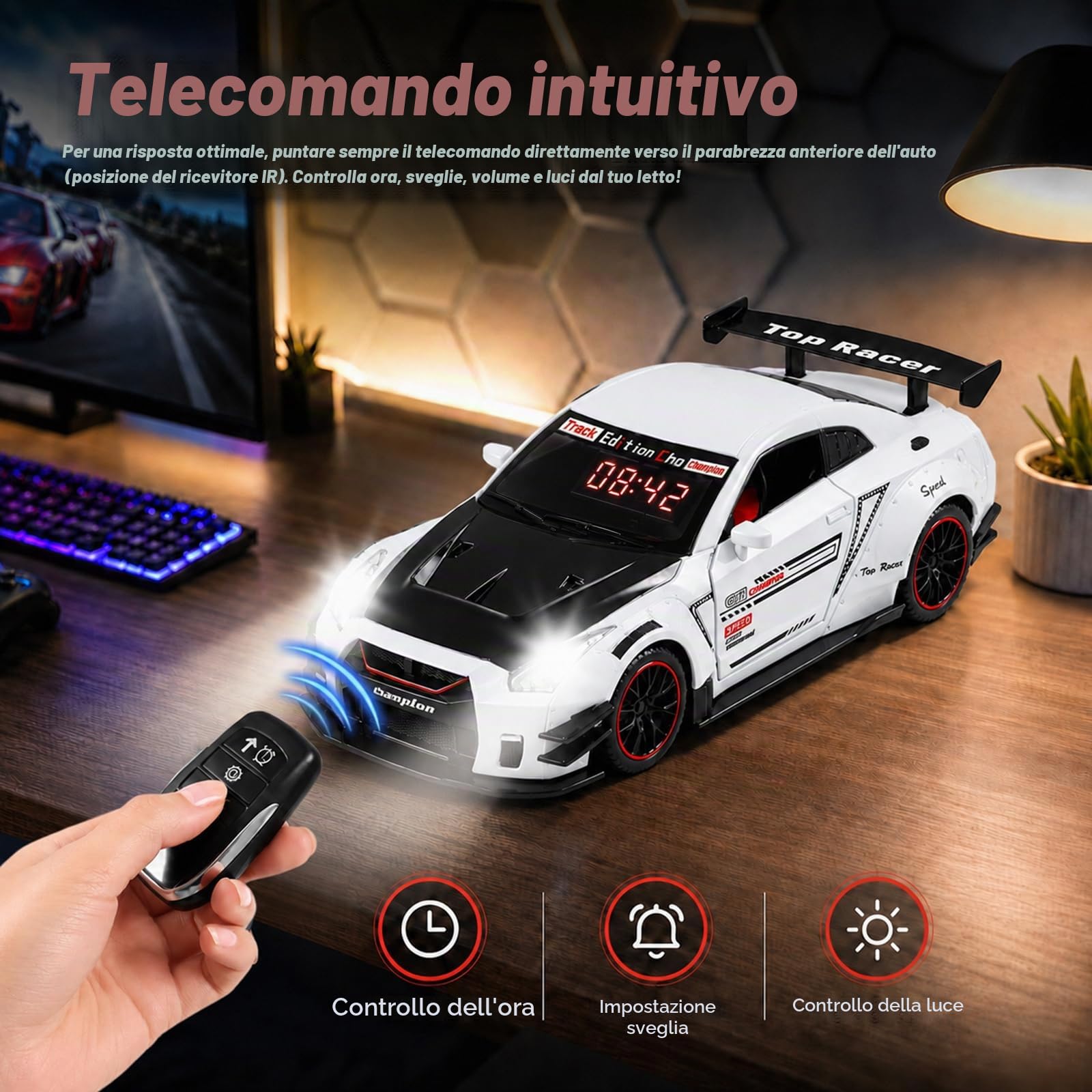 Sveglia rumorosa a forma di auto per adulti con sonno pesante con suono del motore | Hyper Car Model Digital LED Desk Decor, nebbia di scarico ed effetti di luce, auto da corsa pullback interattiva