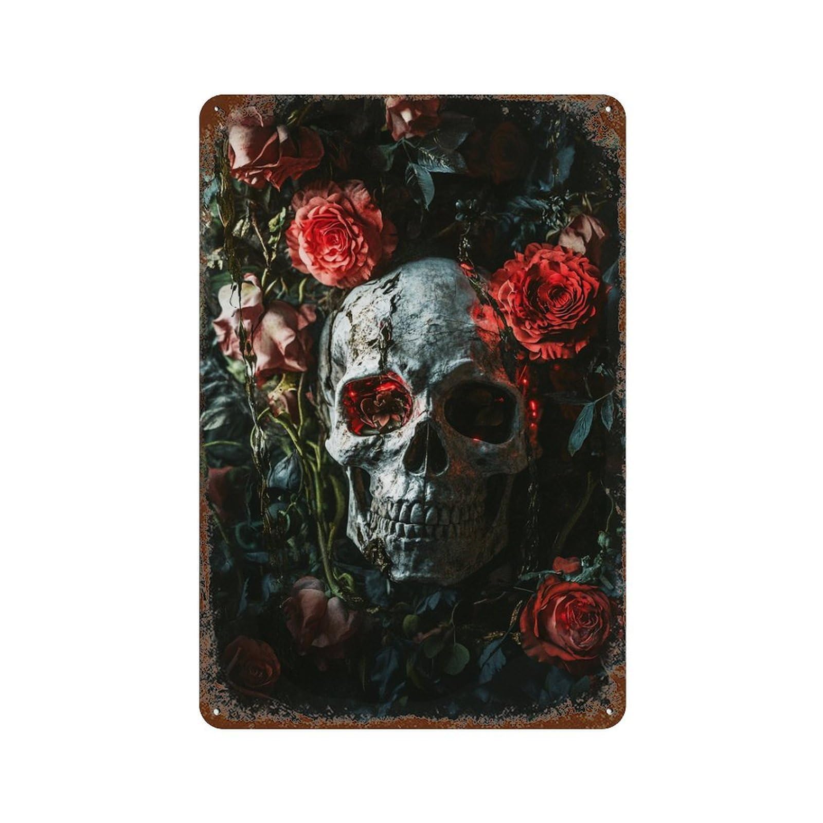 Gothic Skull with Red Roses Decor Aged Metal Wall Plaque 11.8"x7.9", Classic Wall Plaque for Garage, Pub Or Kitchen