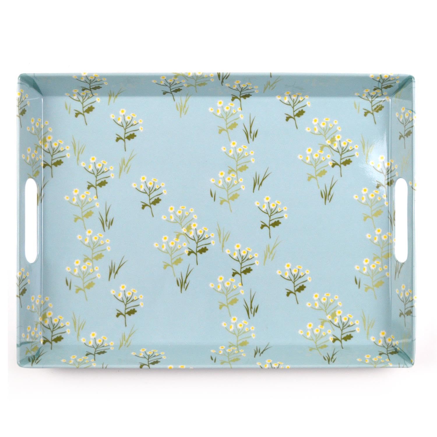 YöL Blue Blossom Serving Tray Floral Daisy Design - Drinks Food Snacks Carrier With Handles - Plastic Melamine - Breakfast Lunch Dinner Summer Dining