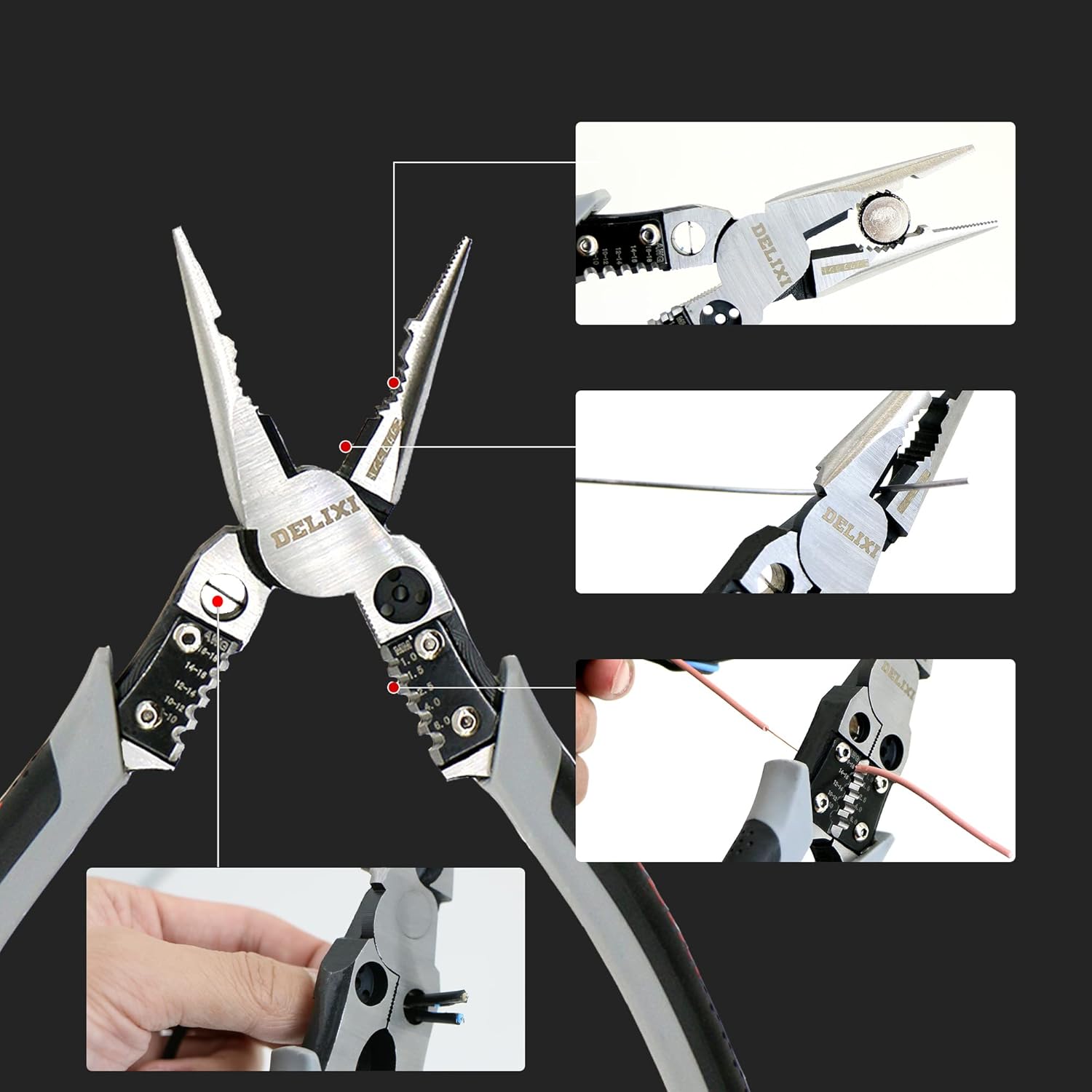 DELIXI Multi-function Wire Stripping Needle Nose Pliers showing various functions including cutting, stripping, and crimping
