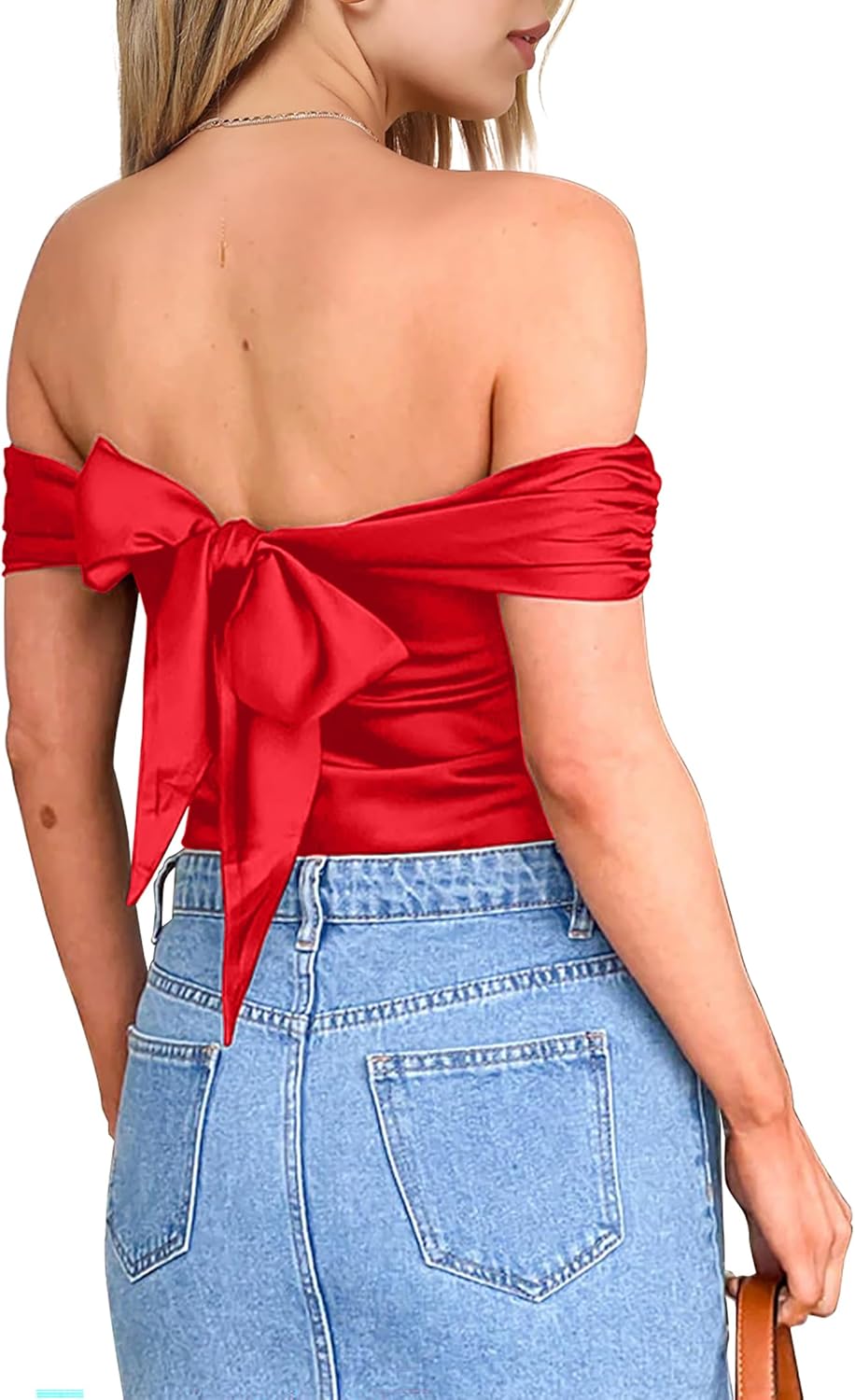 CSDAJIO Women's Off The Shoulder Satin Top Summer Silk Blouse Tie Back Strapless Tube Top Going Out Shirt Large Red
