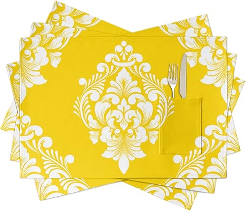 Yellow Floral Table Placemats for Dining Table Set of 4,Cotton Linen Cloth Kitchen Place Mats with Pocket,Washable Burlap SquareRectangleRoundOblong