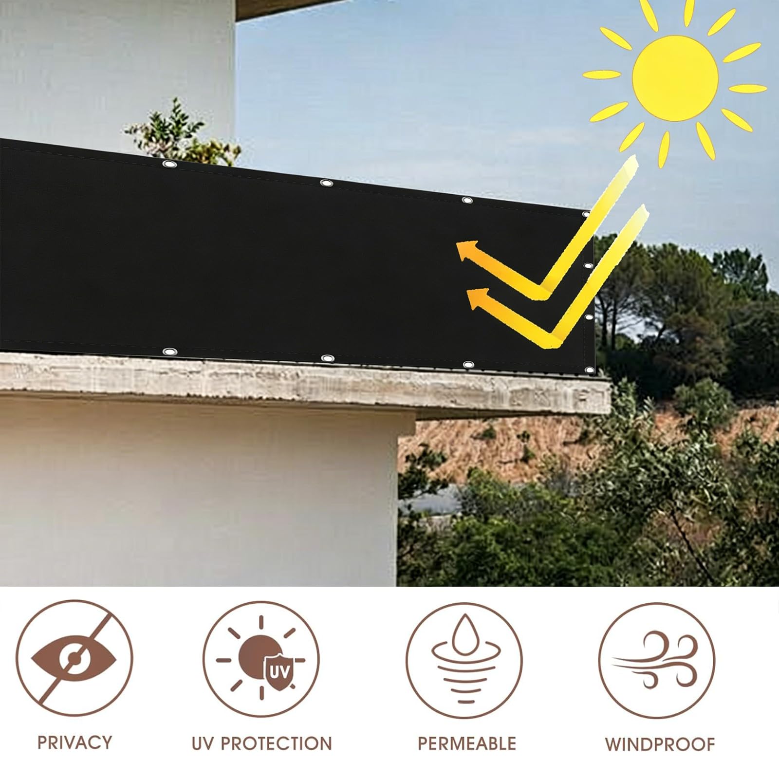 Brise Vue Balcon 60 x 275 cm UV, Résistant Aux Intempéries, Résistant à La Déchirure Clôture Jardin Extérieure avec Œillets, Cordons pour Terrasse, Noir