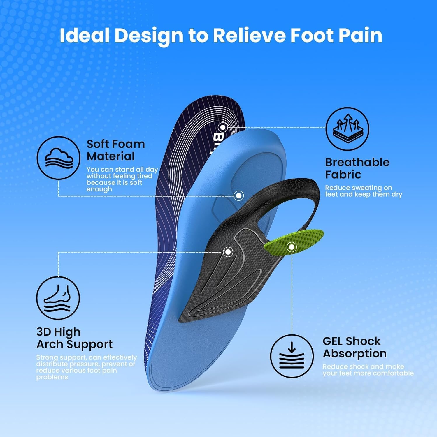 High Arch Support Inserts for Plantar Fasciitis -Bukihome Flat Feet Insoles for Men & Women, 220 lbs Heavy Duty Orthotic Shoe Inserts for Standing, Walking,Working-Size L - Image 3