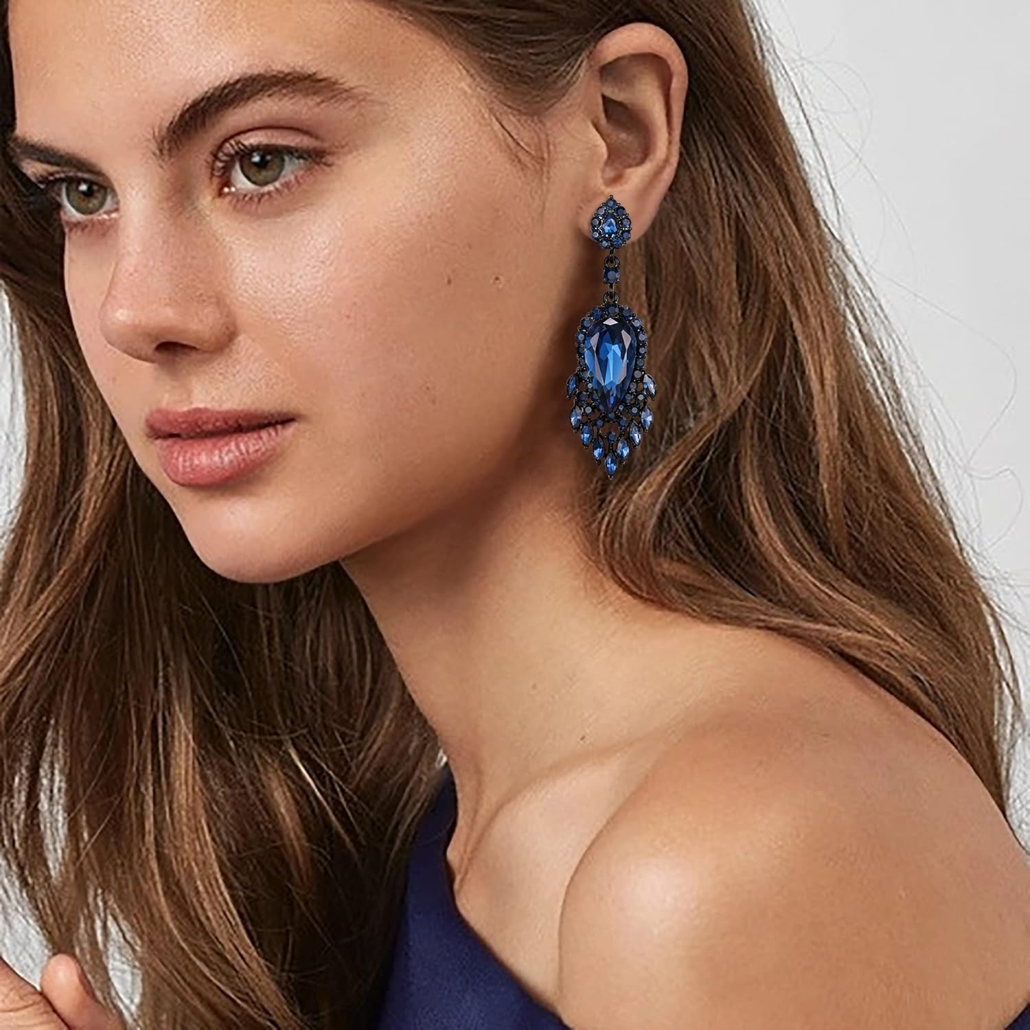 EleQueen Rhinestone Crystal Chandelier Earrings, Art Deco Marquise Teardrop Dangle Earrings Ladies Gifts - Image 2