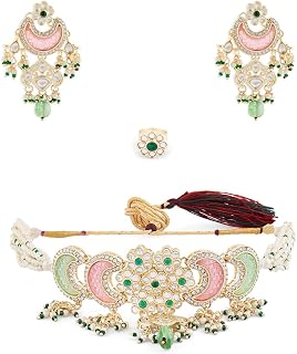 ZAVERI PEARLS Pink Green Stones Beads Multistrand Kundan Choker Necklace Earring & Ring Set For Women-ZPFK15652 Price In India