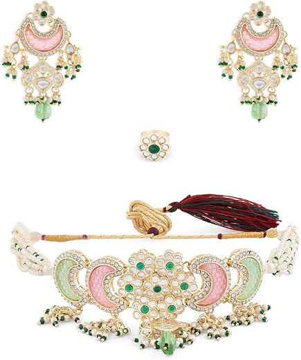 ZAVERI PEARLS Pink Green Stones Beads Multistrand Kundan Choker Necklace Earring &amp; Ring Set For Women-ZPFK15652