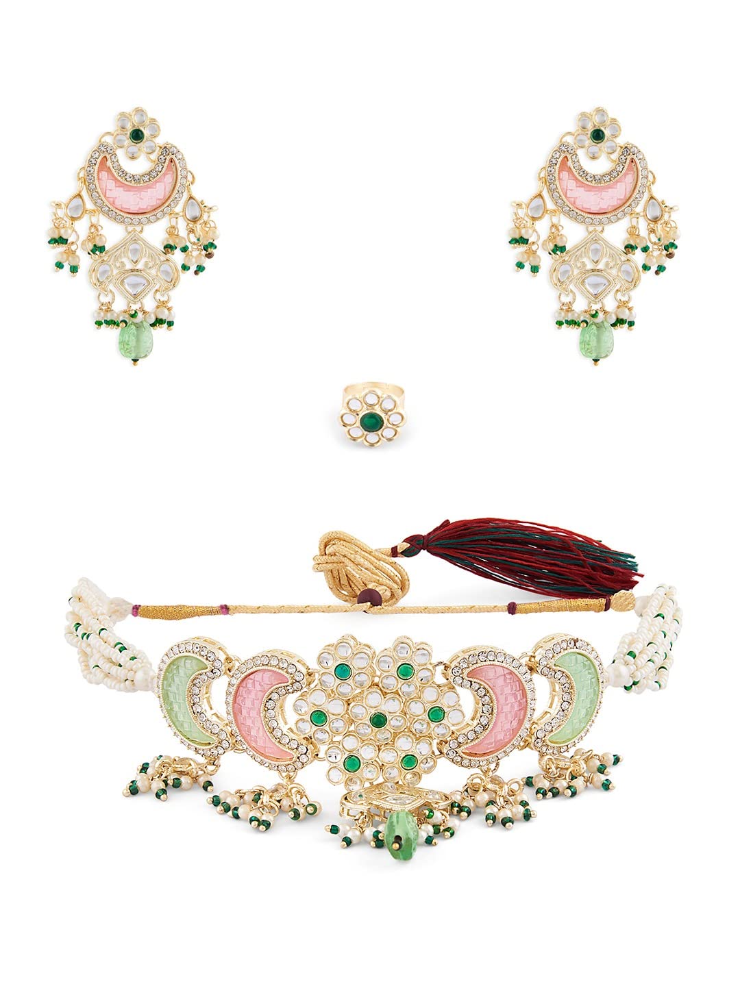 ZAVERI PEARLS Pink Green Stones Beads Multistrand Kundan Choker Necklace Earring & Ring Set For Women-ZPFK15652 - Review, Price and Buying Guide