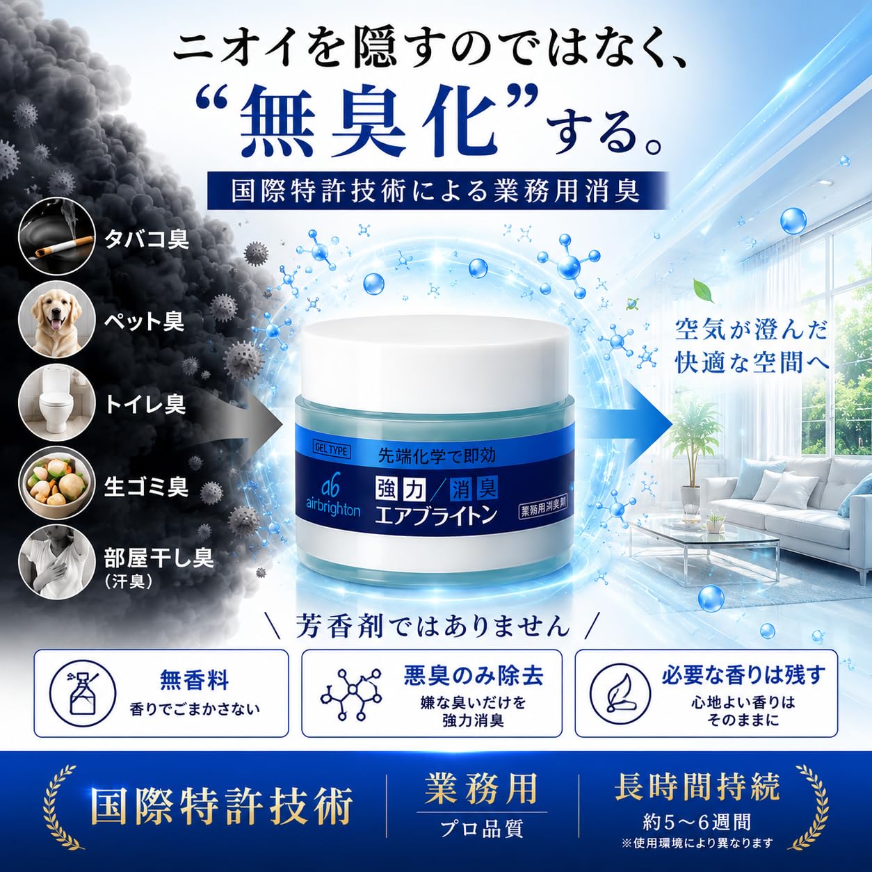 エアブライトン｜【超強力】業務用置き型消臭剤 無香性 消臭ゲル200ml 煙臭 ペット 生活臭 ホルムアルデヒド