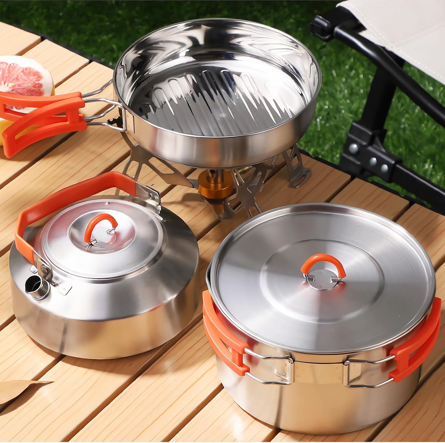 Camping Kochset, Camping Kochgeschirr Set, 304 Edelstahl Camping Töpfe und Pfannen Set, beinhaltet Topf Nonstick Bratpfanne Wasserkocher in Mesh Tasche für Wandern Outdoor Kochen Rucksack für 1-2 Mens