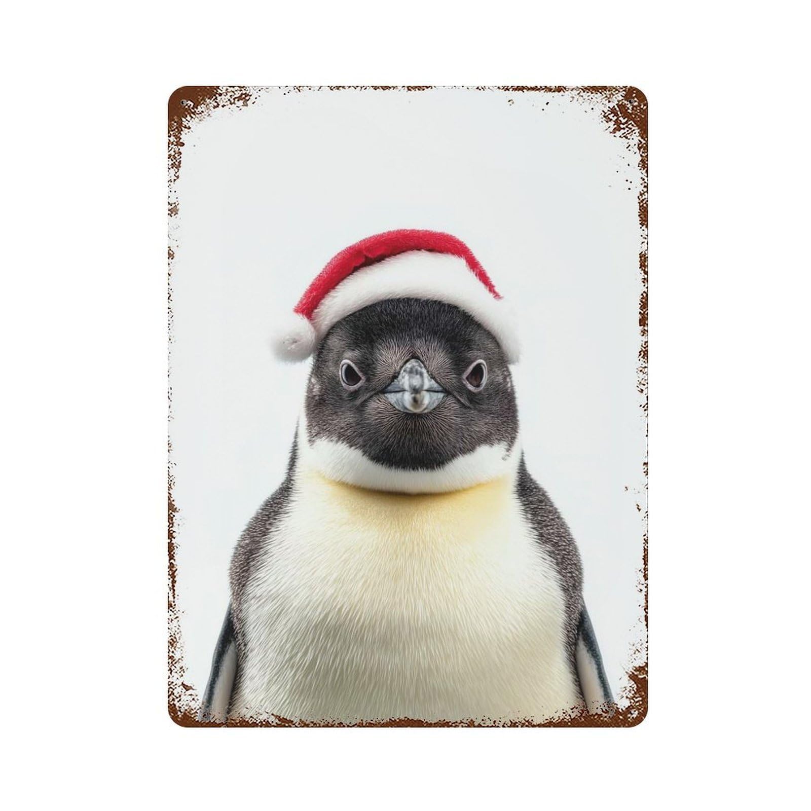 Penguin with Santa Hat 15.7"x11.8" Aged Metal Wall Plaque, Retro Wall Decor for Farmhouse, Kitchen And Entryway Decor
