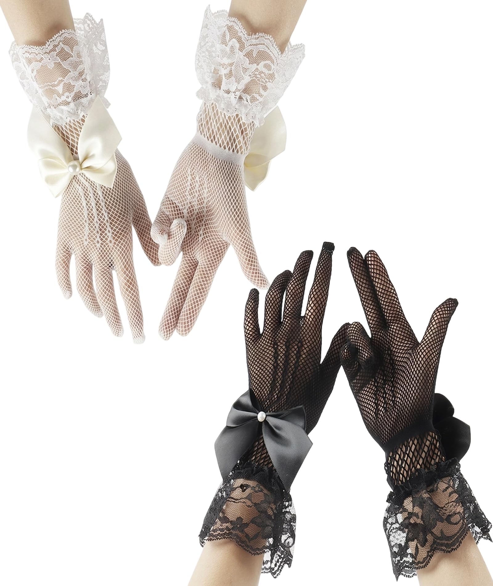 NHCDFA 2PCS Lace Gloves for Women, Net Glove for Women, Fashionable Handwear Accessories, Elegant Design for Various Occasions, Set of Two Gloves in Black and White Color-image-23