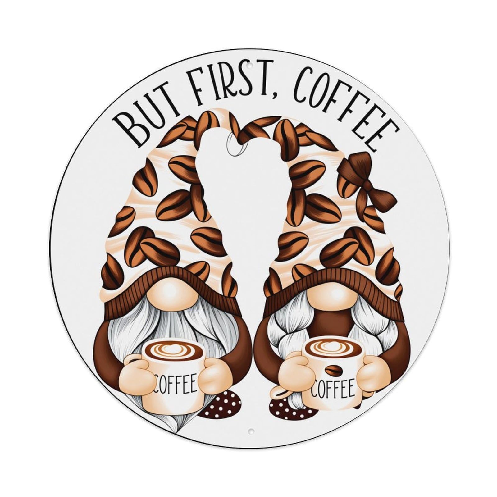 Gnomes Coffee Beans Hats Mugs Round Tin Sign Vintage Metal Poster Retro Bar, Home, Man Cave, Kitchen, Laundry Room Wall Art Decor Gift 8x8Inch