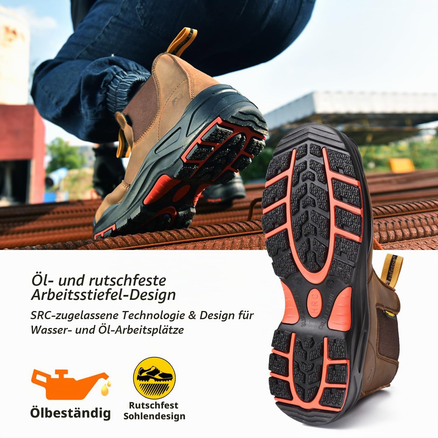 SAFETOE Sicherheitsstiefel M-8025NBO Herren Wide Fit Over Cap Composite Toe Arbeitsstiefel ESD antistatische wasserfeste Rindsleder Heavy Duty Anti-Nagel Anti-Rutsch Pu Gummisohle S3 SRC