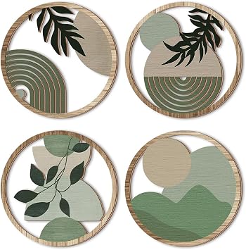 4PCS Boho Wall Art Decor, Wooden Decorative Round Hollow Wall Hanging, Green Botanical Neutral Geometric Art for Living Room, Bedroom, Office