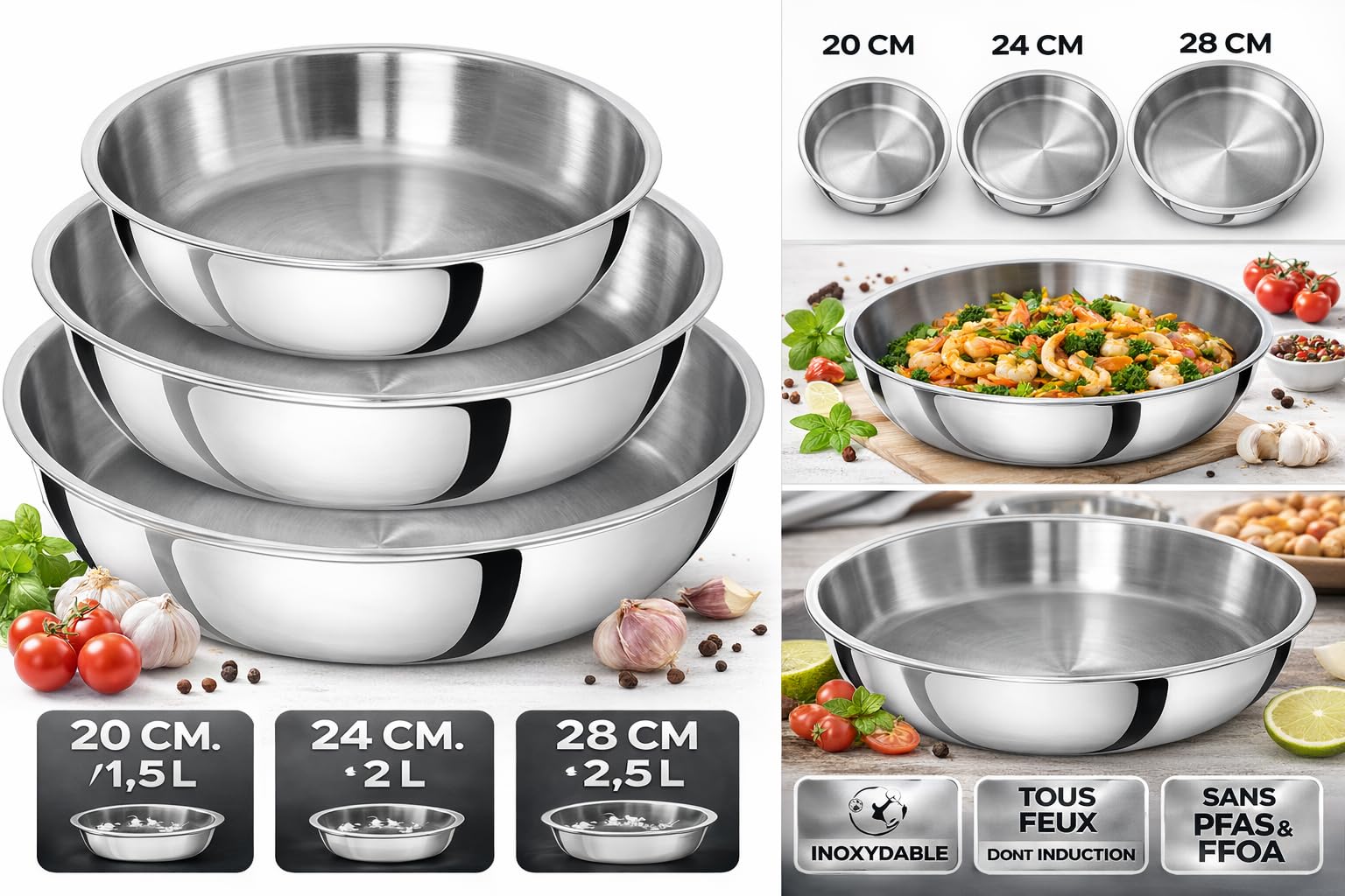 Juego de 3 sartenes de acero inoxidable 18/10 con mango extraíble – Sin PFAS, sin PTFE, sin PFOA – Compatible con inducción, horno y lavavajillas – Estufas apilables 20/24/28 cm – Cocina natural