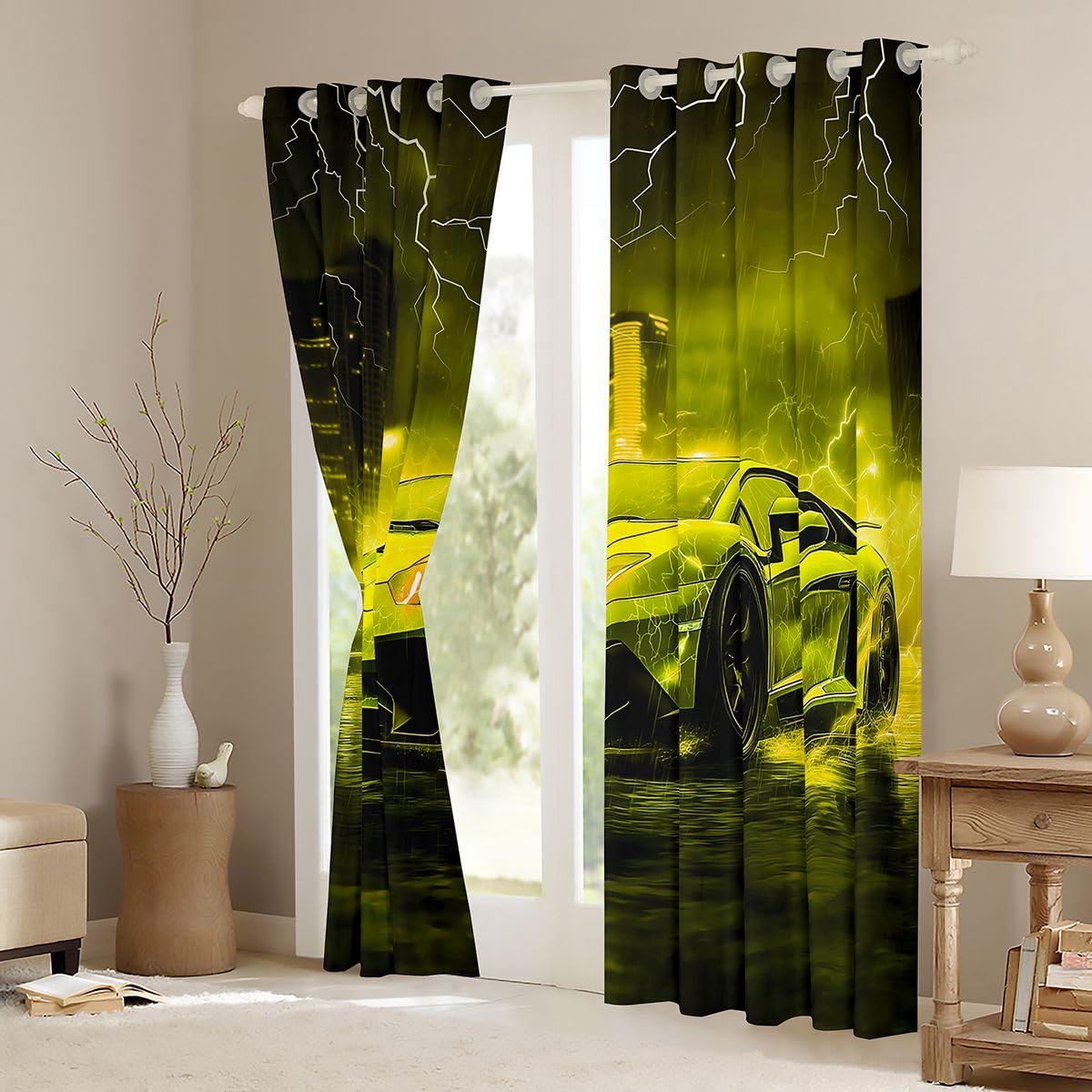 Homewish Speed Car Zasłony zaciemniające, 117 x 183 cm, do salonu, żółte, rozjaśniające się zasłony samochodowe na przelotkach do sypialni, zasłony okienne, 2 panele, sporty ekstremalne dekoracja gry