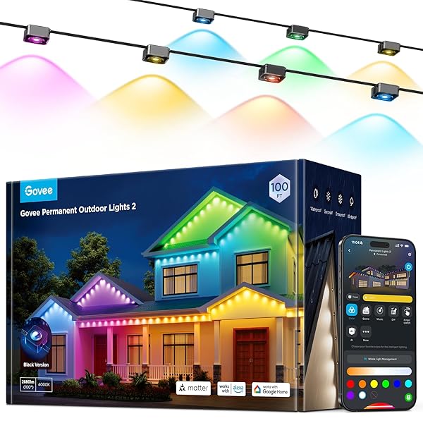 Govee Permanent Outdoor Lights 2, 150ft RGBIC Outdoor Lights with 108 LED Lights, IP67 Waterproof, 100 Scene Modes with 40lm White for Outdoor Decorations, Works with Alexa, Google Assistant, White