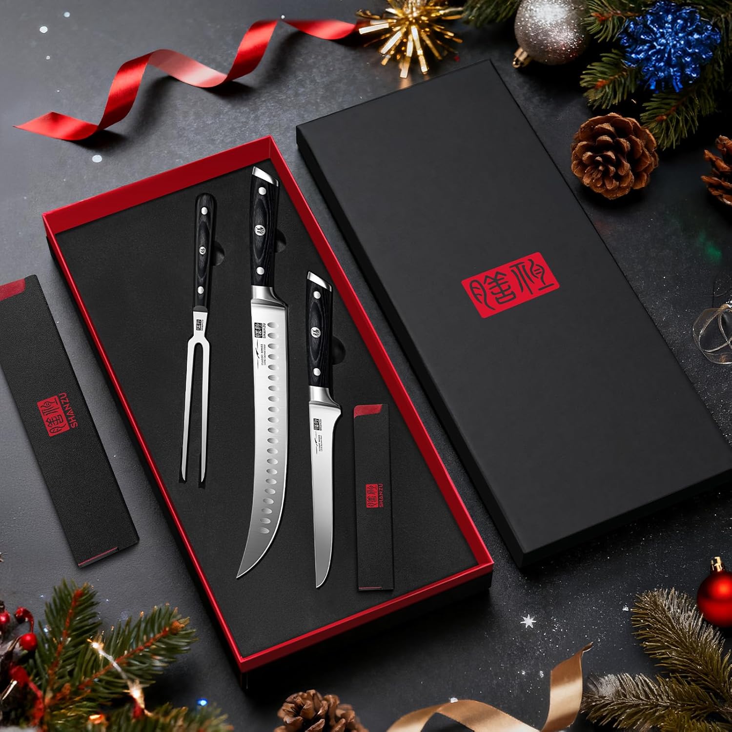 SHAN ZU 3Pcs Carving Knife Set with Sheath – for Turkey, Meat, BBQ, Brisket, Razor Sharp Slicing Knife, Professional 5Cr15MoV Stainless Steel, Ergonomic Full Tang Wood Handle, Gift Box Included - Image 5