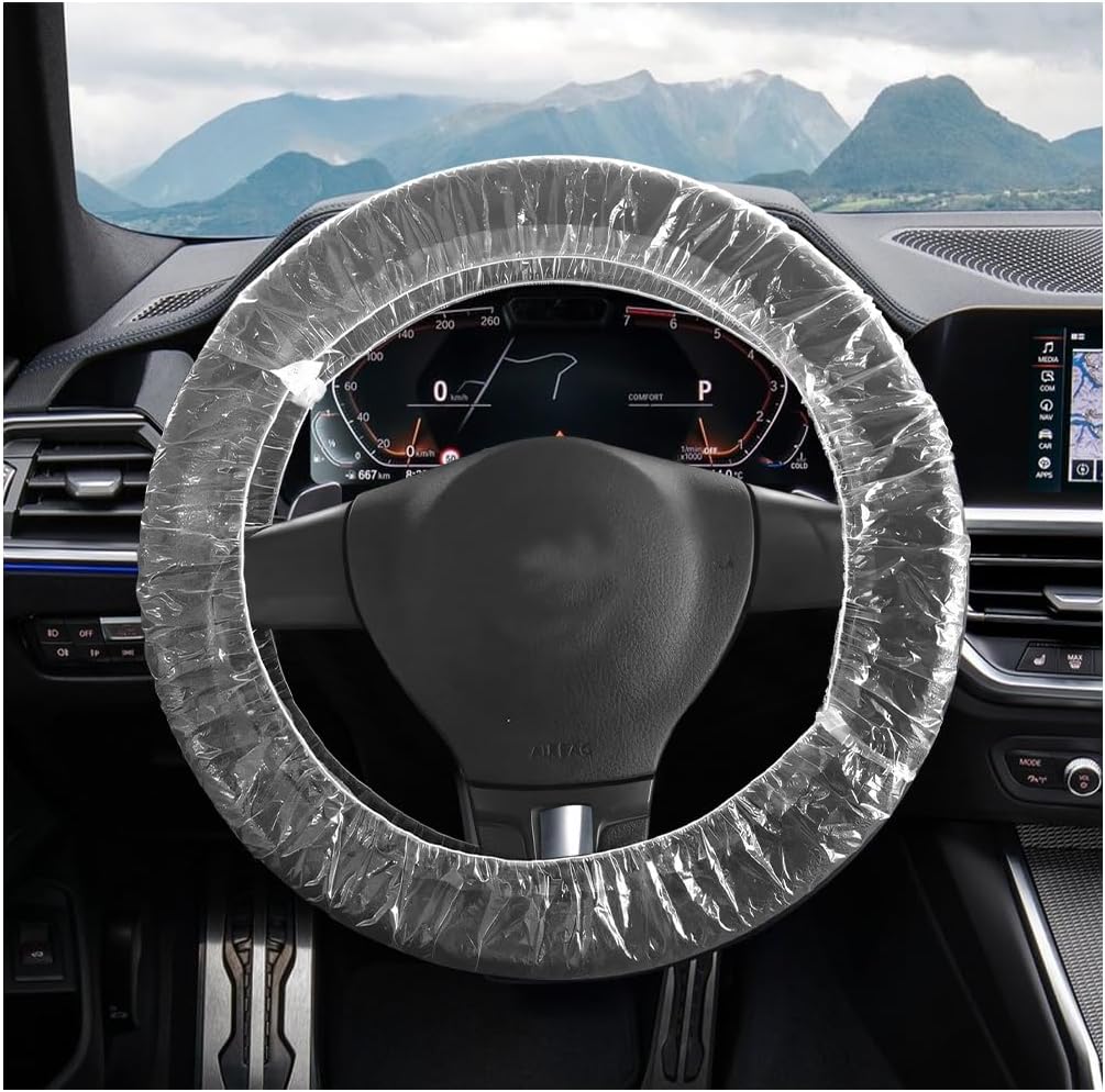 100PCS Disposable Car Steering Wheel Covers, Transparent Vehicle Protector with Elastic Trim, Flexible Clear Steering Wheel Protection Cover, Universal Automotive Interior Accessories