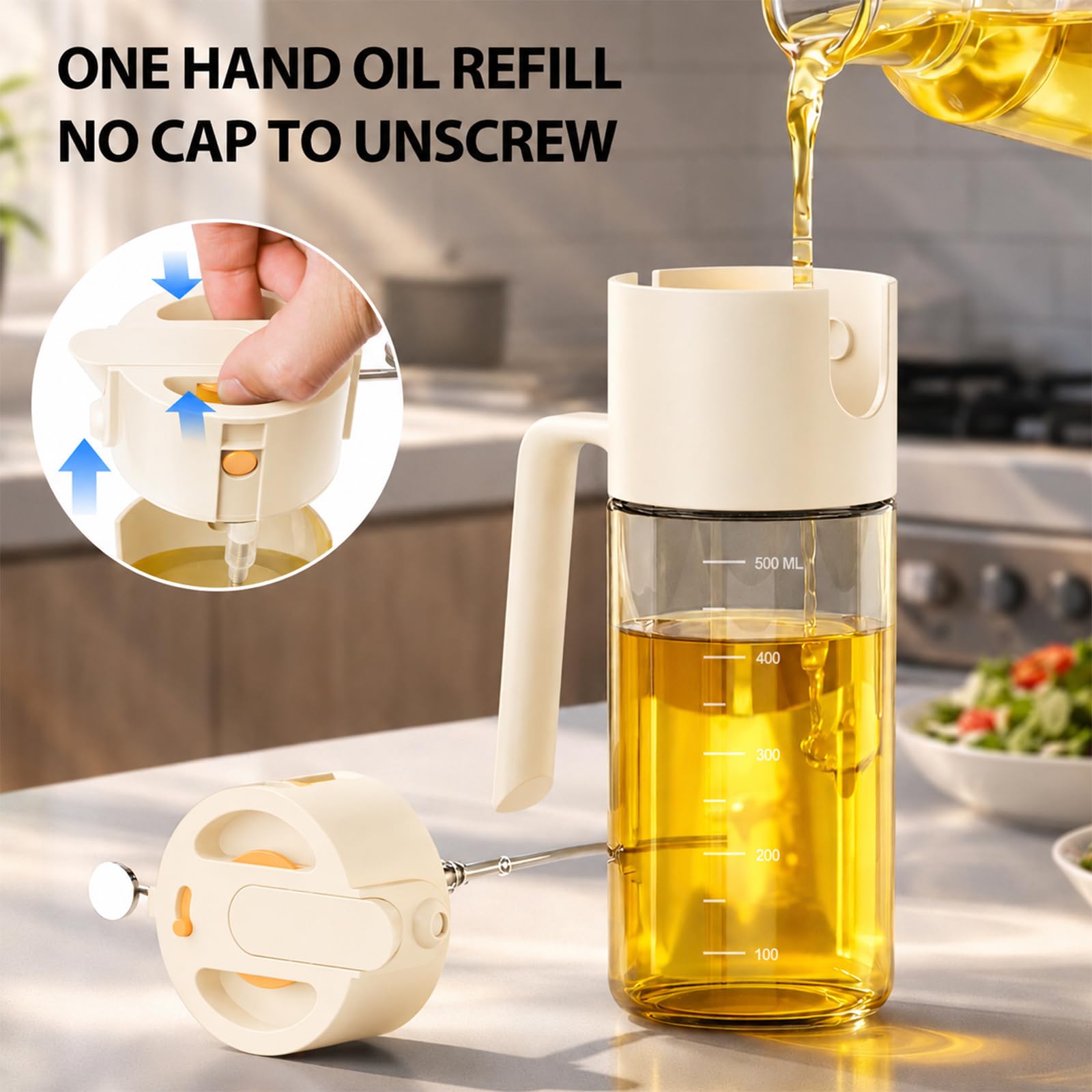 Pulverizador de aceite para cocinar, botella dispensadora de aceite de oliva 2 en 1 para cocinar, pulverizador de aceite de oliva de vidrio de 17 onzas, patentado, spray continuo con control de