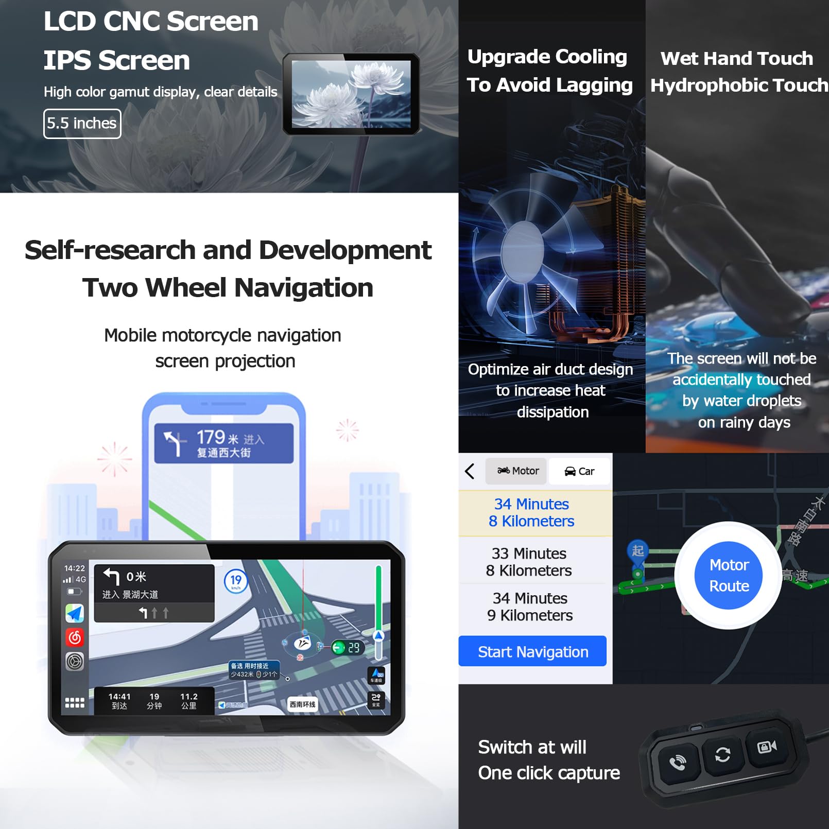 Ekran Motocyklowy Carplay Z Nawigacją Gps, 5,5-Calowy Ekran Dotykowy Lcd Rejestrator Jazdy Motocyklem Wifi/app, Przednie I Tylne Kamery Noktowizyjne Hd 1080P, Ipx67, Eis Anti-shake, Ostrzeżenie