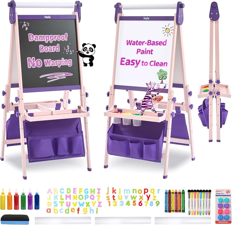 FUNLIO Foldable Anti-Warping Kids Art Easel, All-in-One for Kids Aged 3-8 with Paper Roll, 3 Height Adjustable Toddler Easel, Standing Easel with Magnetic Chalkboard/Whiteboard - Purple Foldable