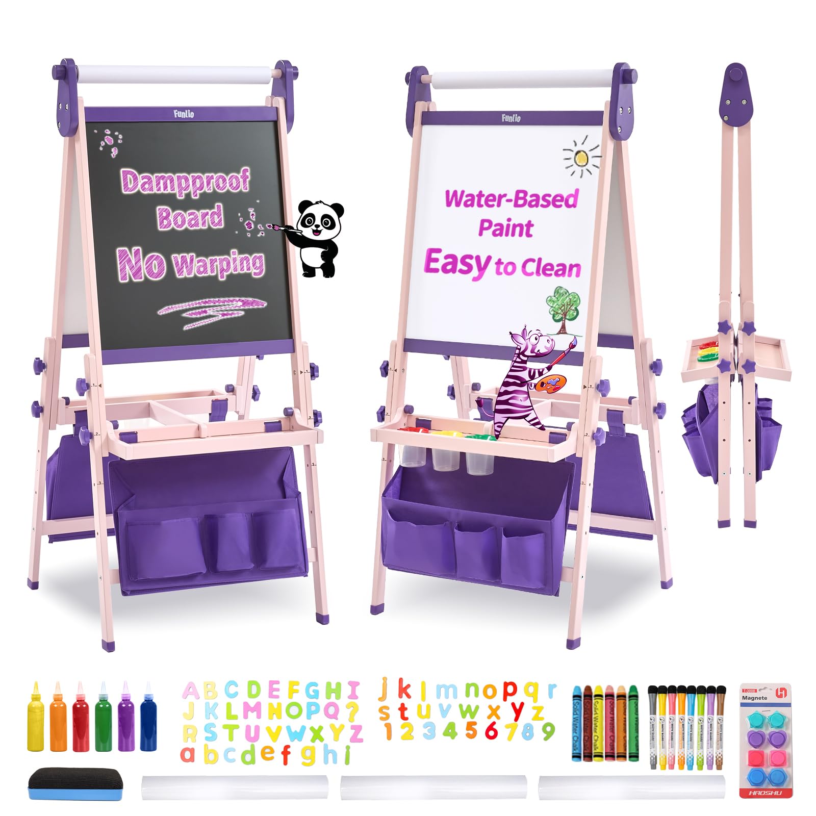 FUNLIO Foldable Anti-Warping Kids Art Easel, All-in-One for Kids Aged 3-8 with Paper Roll, 3 Height Adjustable Toddler Easel, Standing Easel with Magnetic Chalkboard/Whiteboard - Purple Foldable — image 1