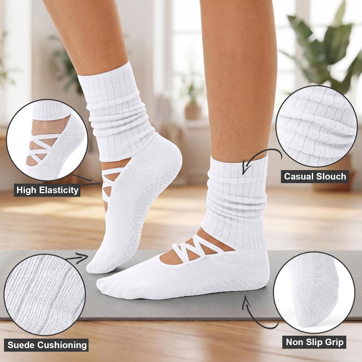 Coume 3 Pairs Pilates Socks with Grips for Women Non Slip Grippers Yoga Crew Socks for Barre Workout - Image 3