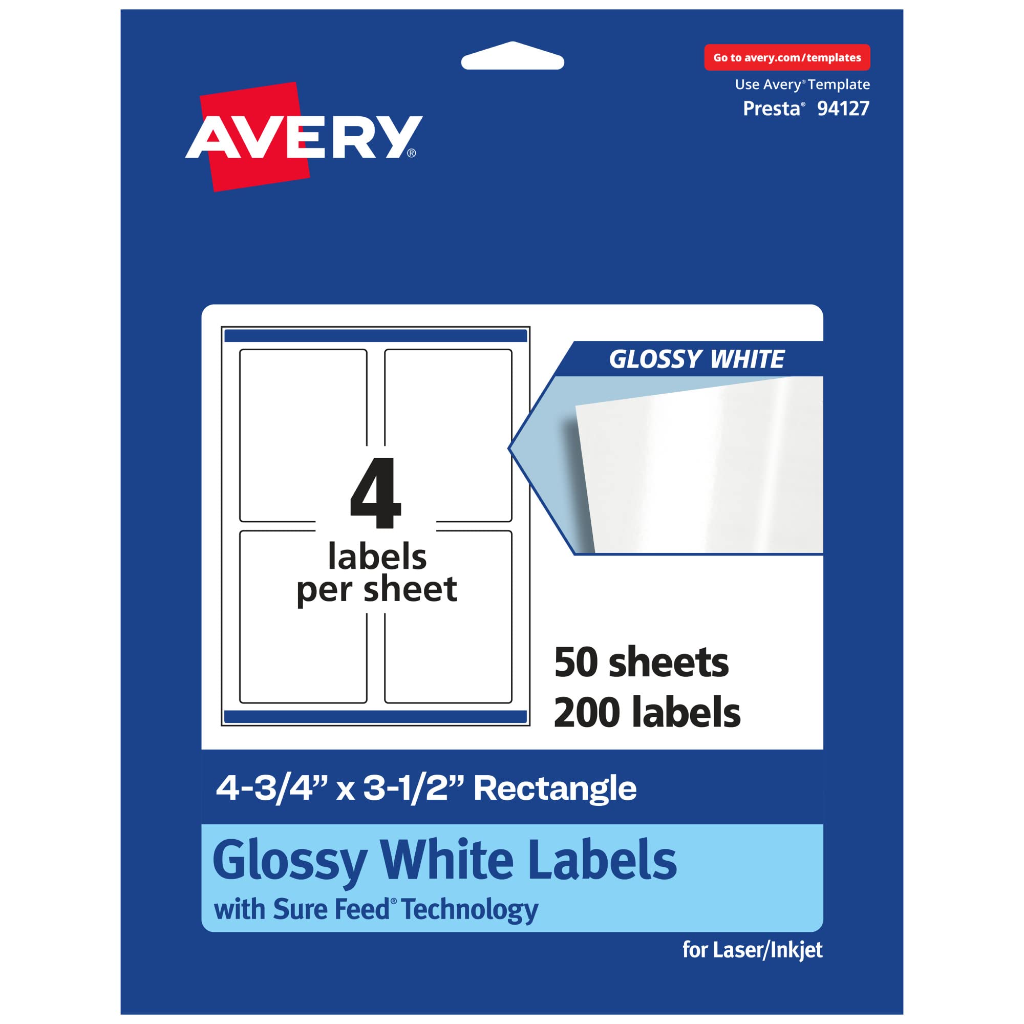Avery Glossy White Rectangle Labels, Sure Feed Technology, 4.75" x 3.5", 200 Labels, Print-to-The-Edge, Laser/Inkjet Printable