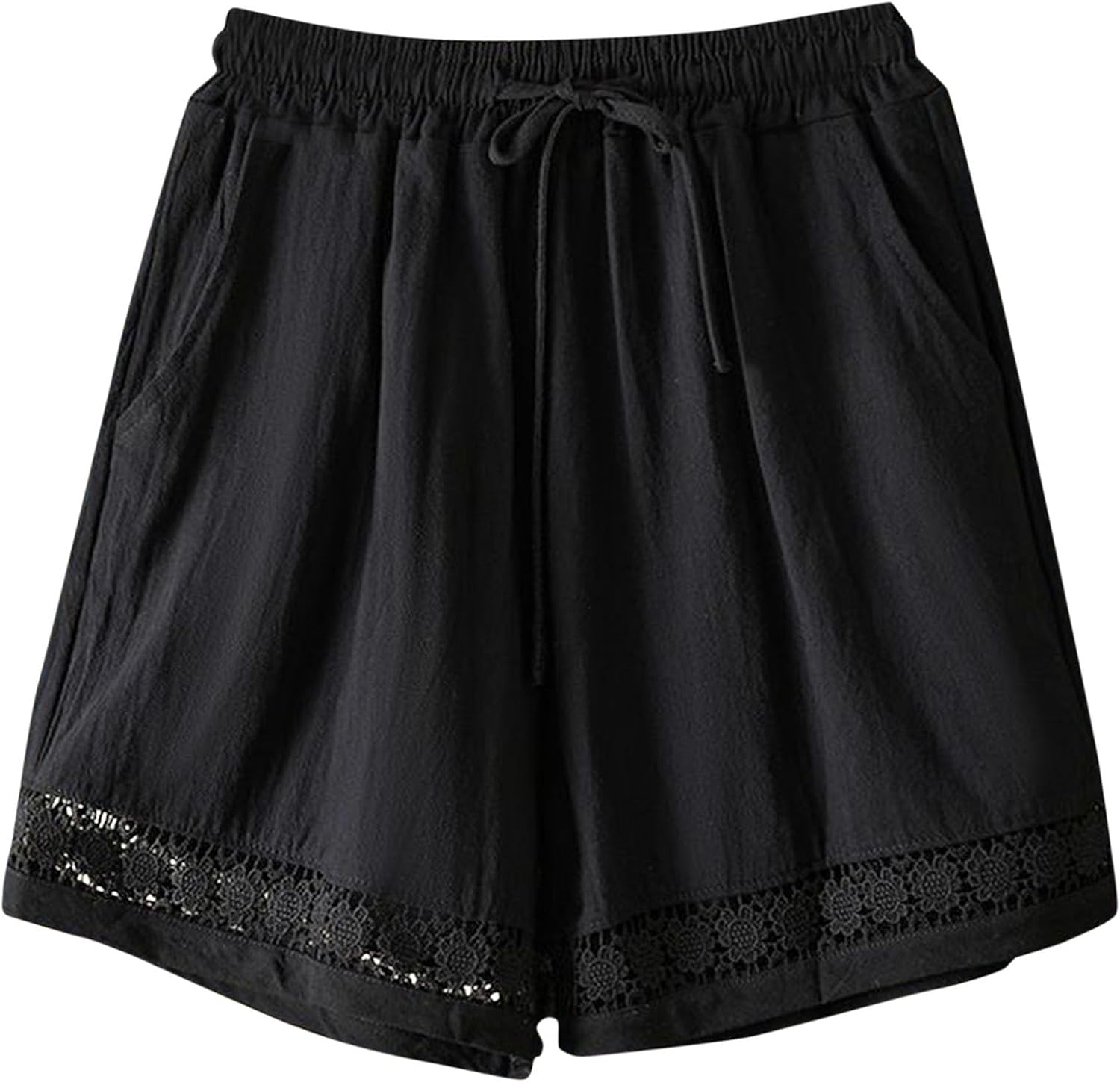 Womens Summer Linen Shorts Wide Leg High Waisted Drawstring Beach Flowy Shorts Lace Trim Cute Short with Pockets