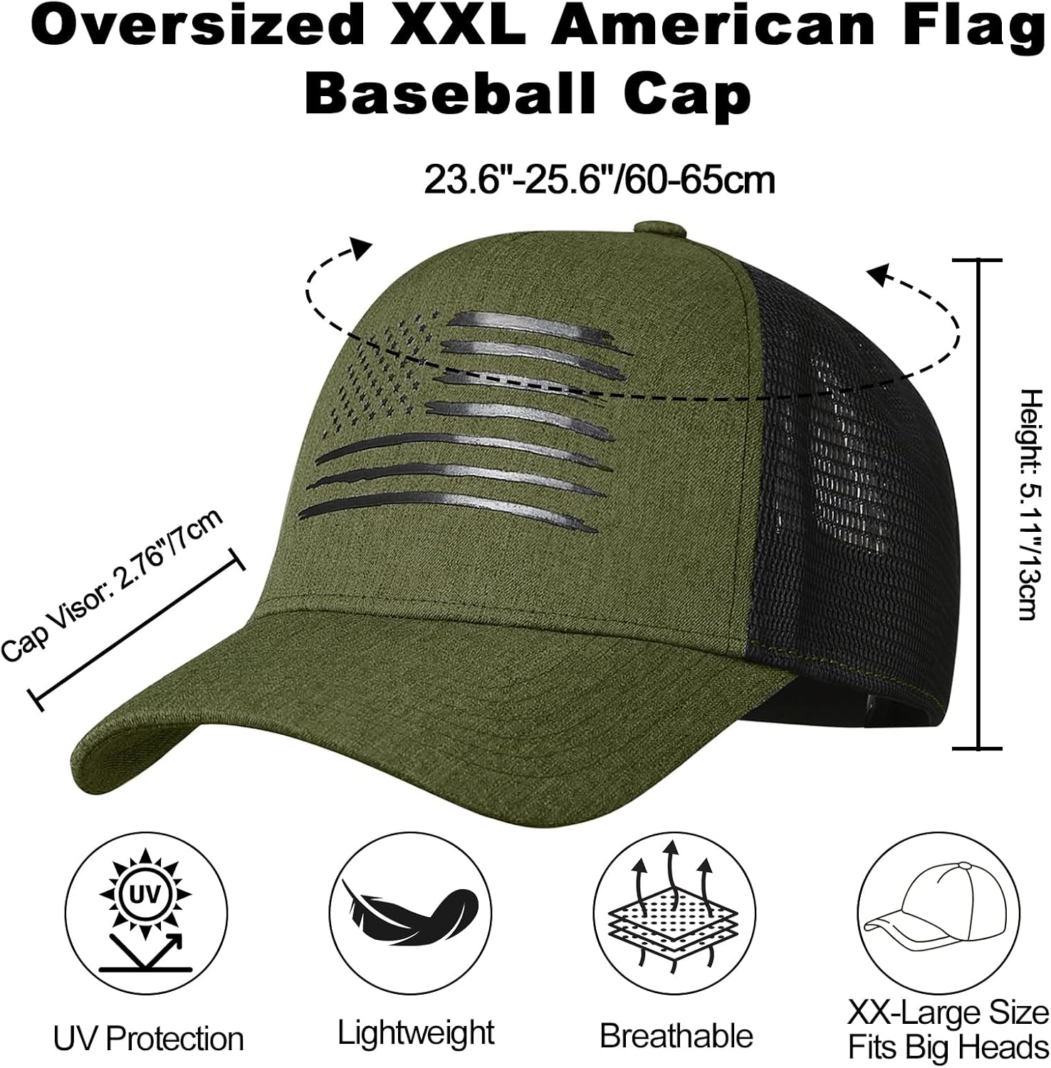 Oversized XXL American Flag Baseball Cap for Men & Women - Big Head Adjustable Snapback Hat - Patriotic Mesh Trucker Hat - Image 6