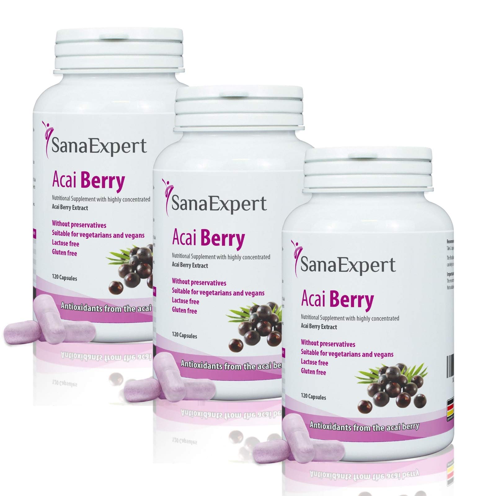 SanaExpert Acai Berry Pack 3. Integratore antiossidante con puro estratto di bacche di Acai alto dosaggio 4000 mg. (120 compresse ogni confezione) Ingredienti naturali. Prodotto in Germania.
