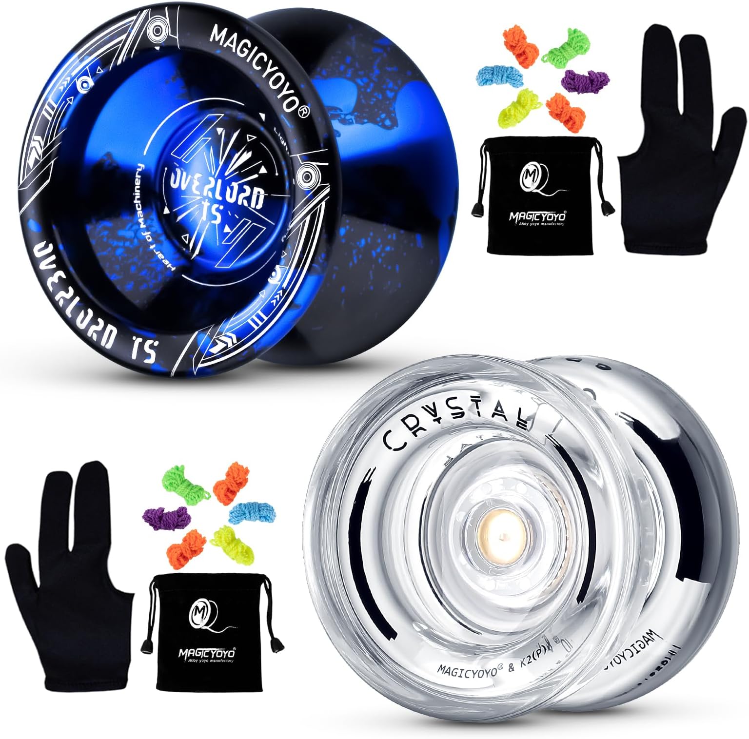 MAGICYOYOPack of 2 Yoyos T5 Black Blue Unresponsive Yoyo Alloy YoYo＋K2 Crystal White Responsive Plastic Fingerspin Kids Beginner Yoyo with ２Yoyo Gloves, Yoyo Bags, 12 Yoyo Strings