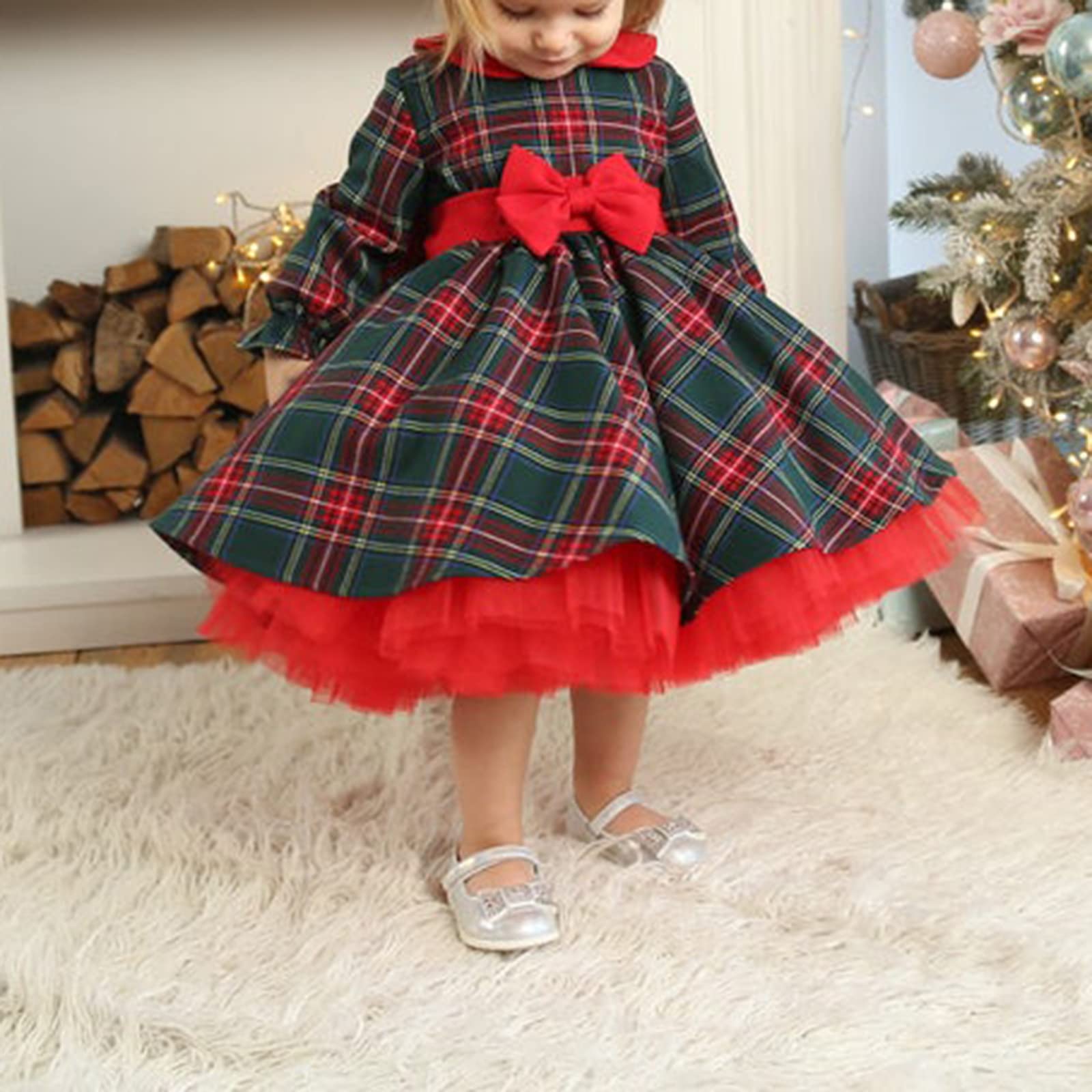 Kids Toddler Girl Plaid Dress Long Sleeve Peter Pan Collar Princess Tutu Dress with Bowknot Baby Christmas Dress (Red, 6-12 Months)
